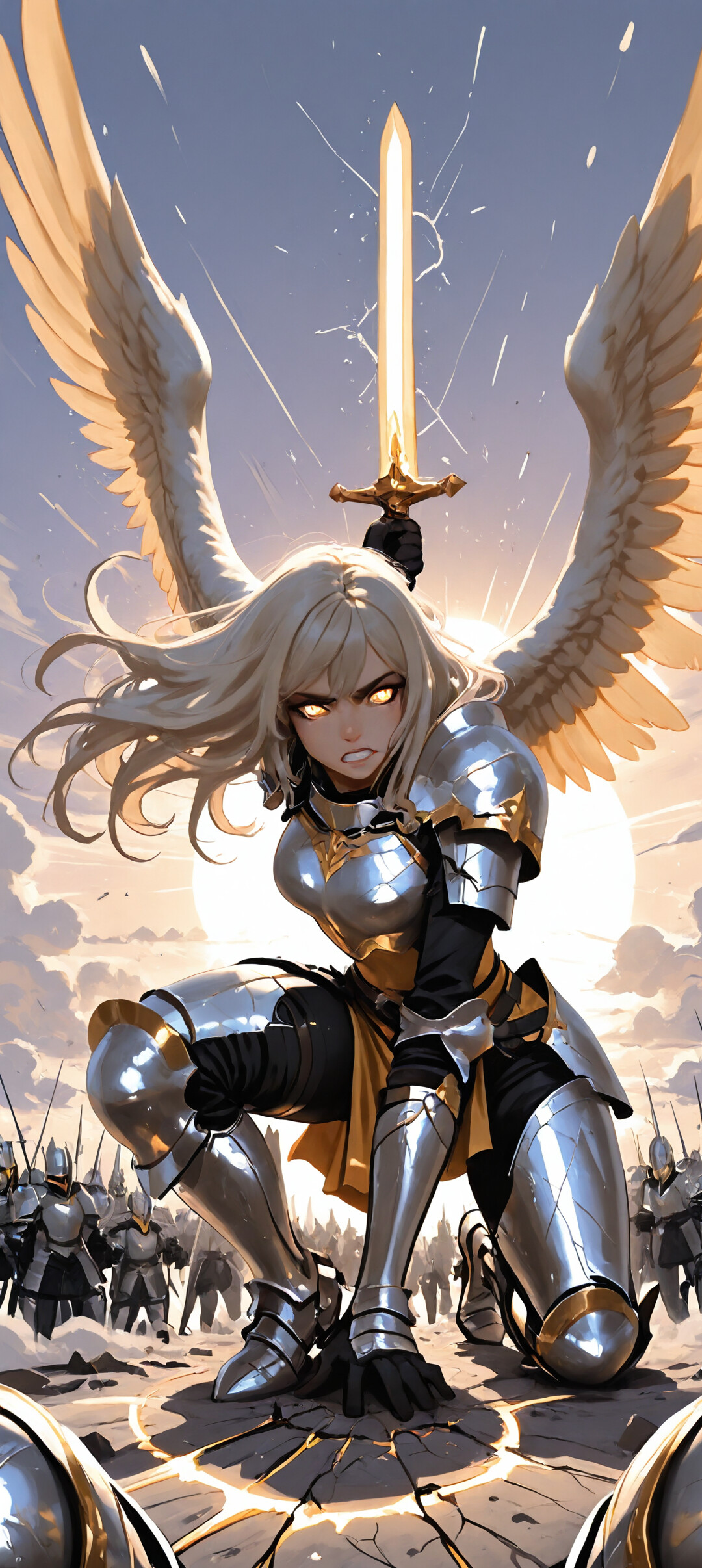 An anime-style female angel warrior in full silver plate armor kneels on a battlefield. She has large white wings, a halo, and long blonde hair. The ground beneath her is cracking with light, and an army of soldiers is in the background.