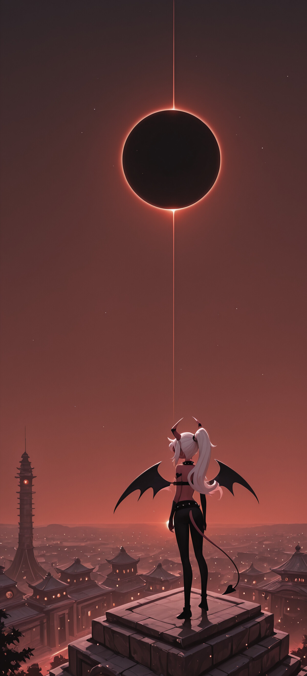 Verosika Mayday, an imp character with long white hair, horns, and wings, stands on a mountain peak looking at a hellish landscape with a tall pagoda under a total solar eclipse.