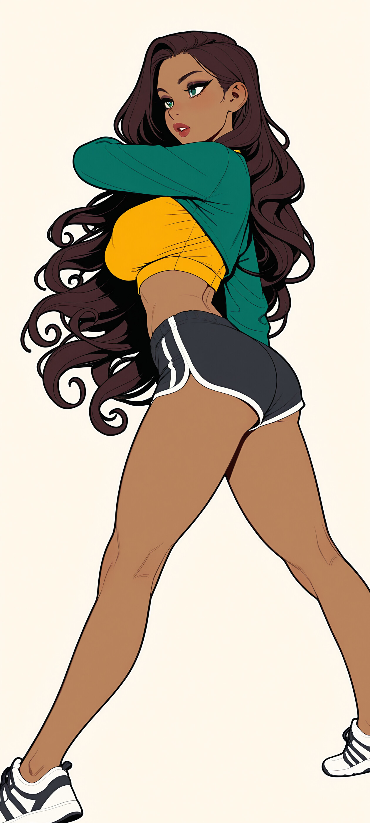 A digital illustration of a woman with dark skin and long, wavy brown hair wearing a yellow crop top and black gym shorts. She is looking to the side with one hand shielding her eyes.