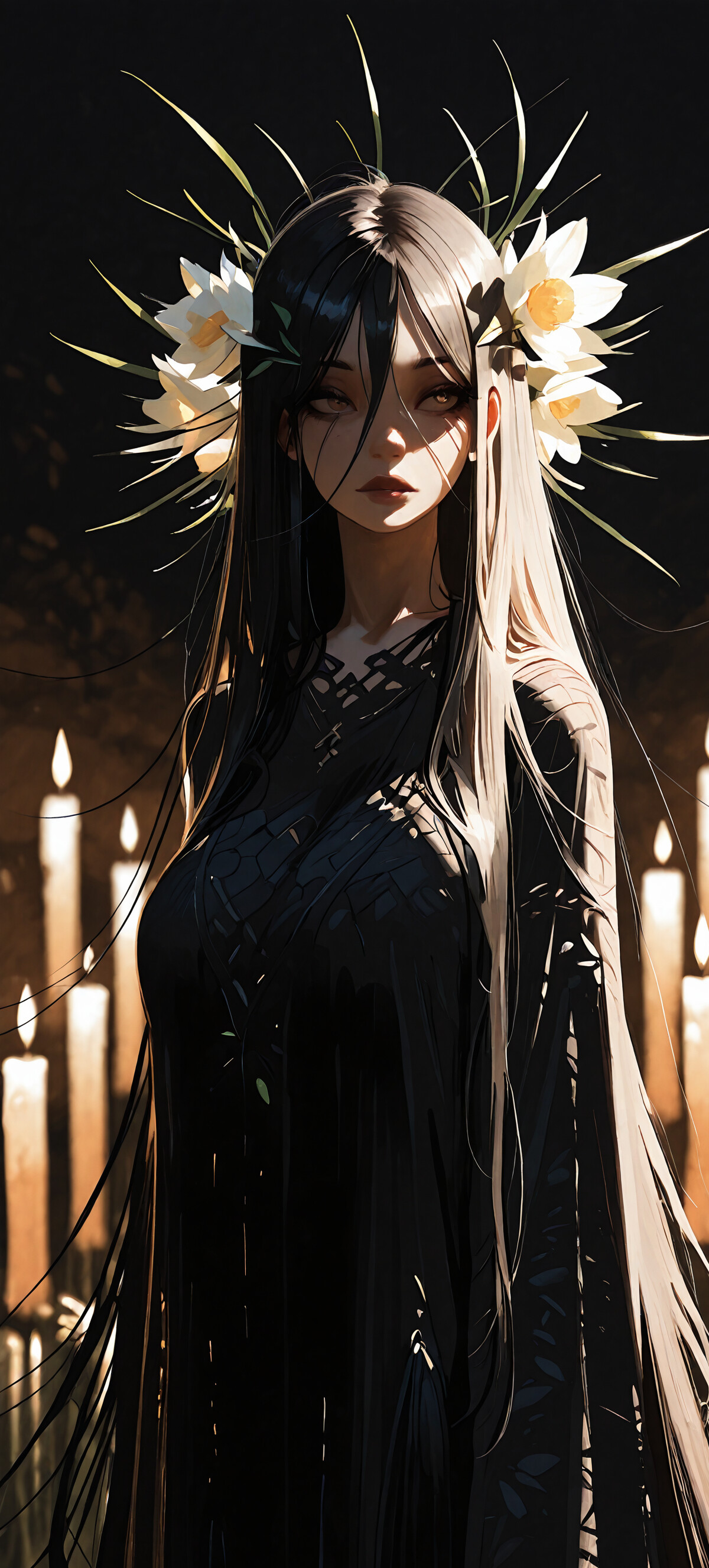 A beautiful anime-style woman with long black hair and a glowing halo stands in a dark room, her face illuminated by the soft light of many surrounding candles.