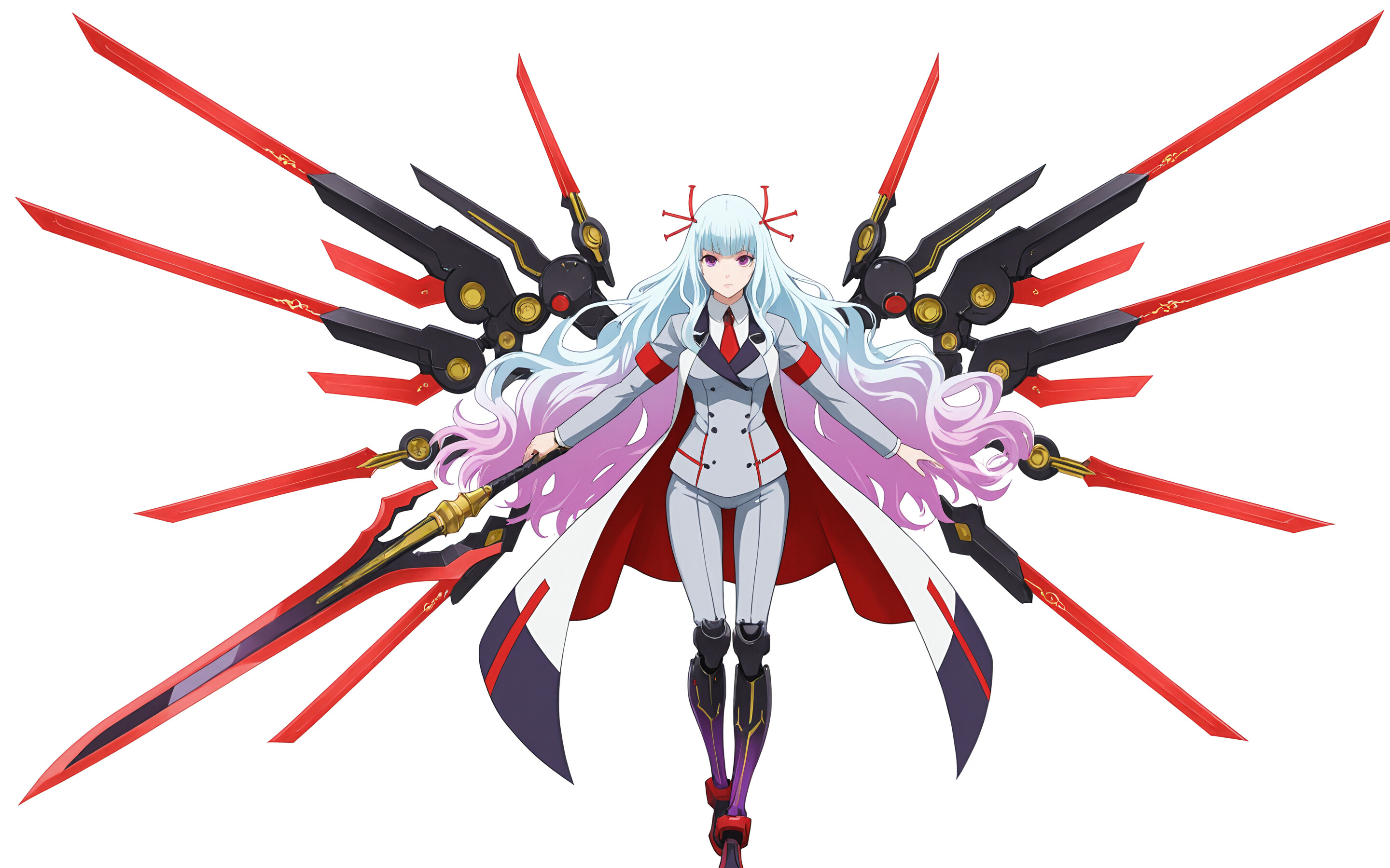 Full body illustration of the anime character Vladilena Milizé from 86 -Eighty Six- with long silver-to-purple hair, wearing a white and grey military uniform and holding a large red spear-like weapon.