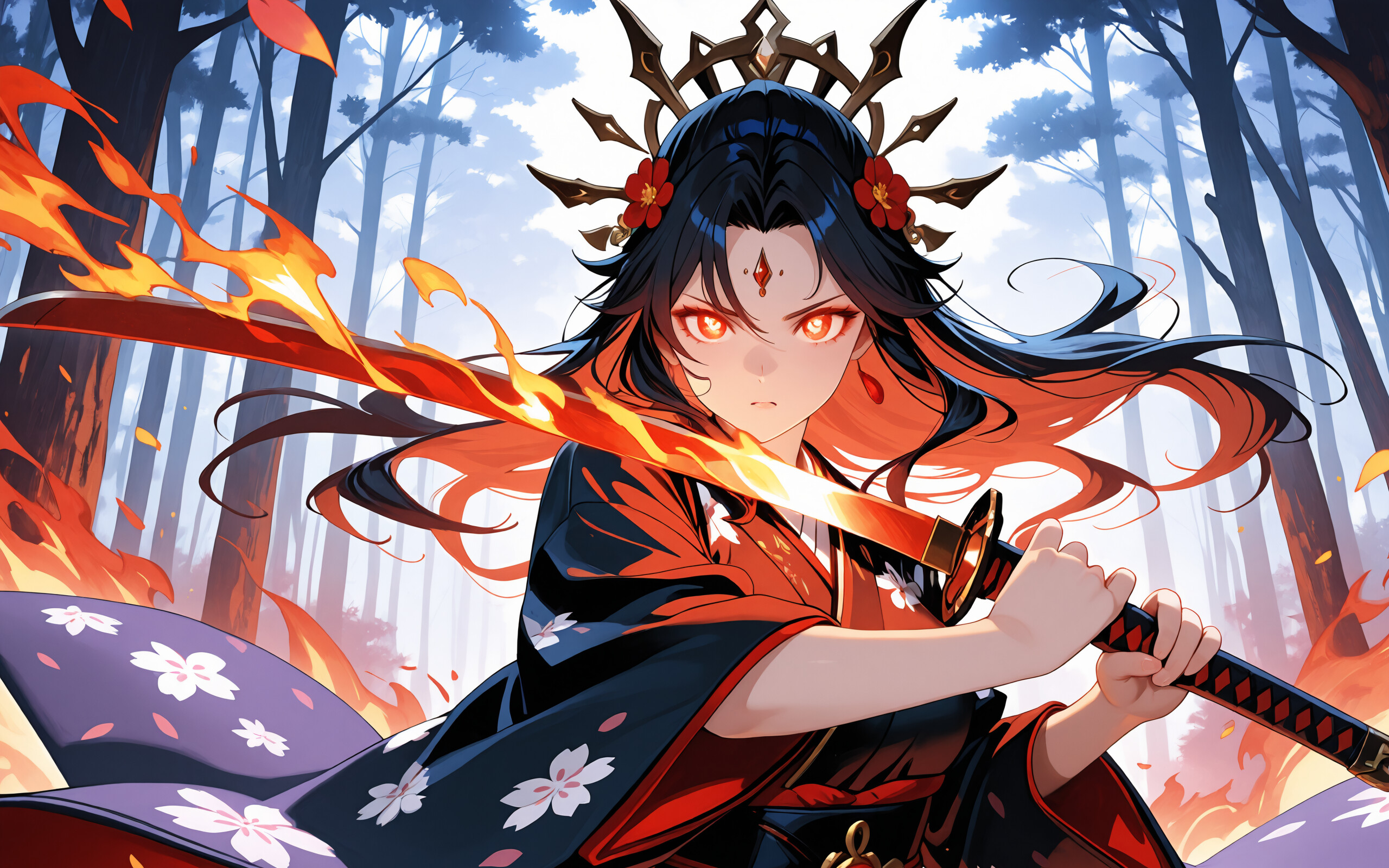 An anime-style female warrior with long dark hair, a spiky black headpiece, and glowing red eyes. She wears a black floral kimono and holds a flaming katana in a dynamic pose, surrounded by a circle of fire against a moonlit forest background.