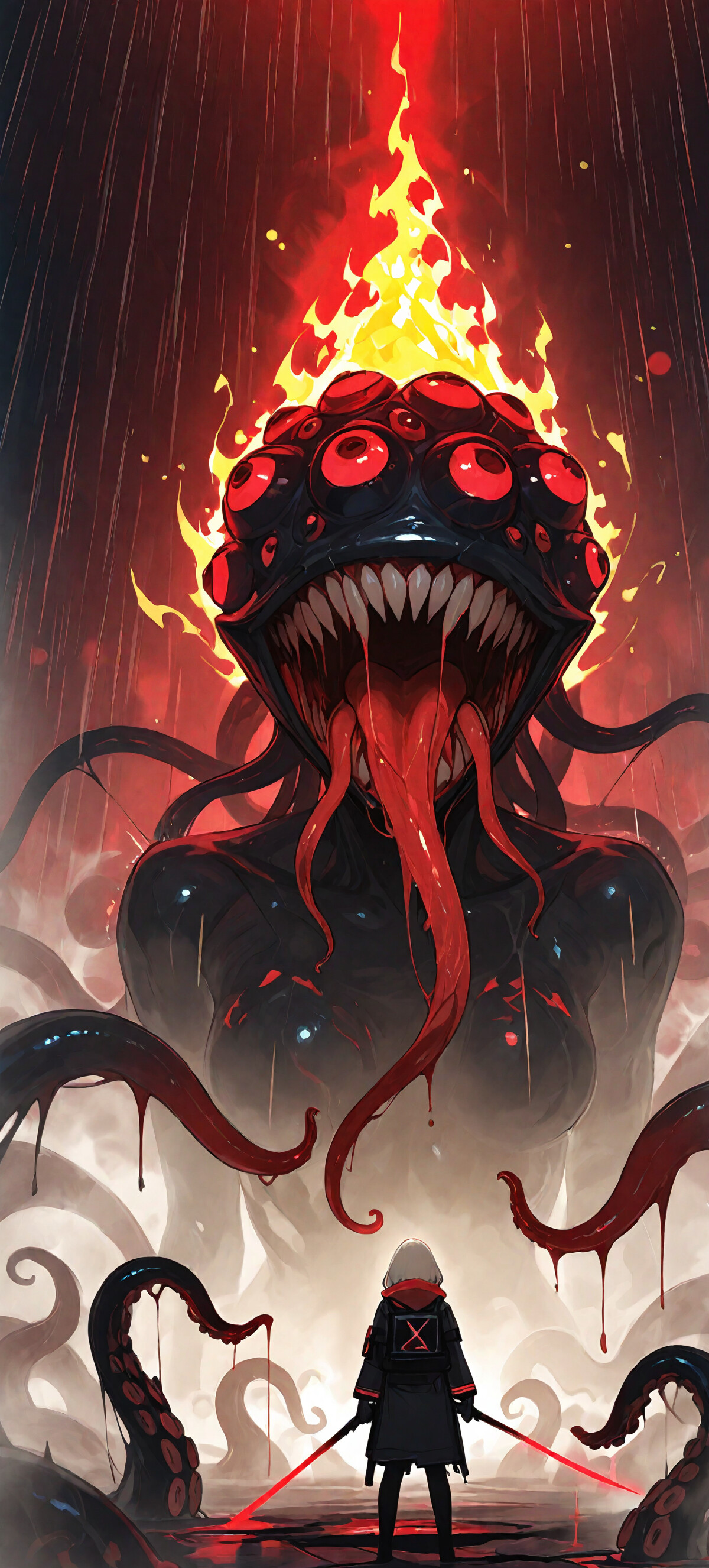 A warrior in black with two red katanas faces a giant, fiery, multi-eyed octopus monster in an epic, dark fantasy confrontation.
