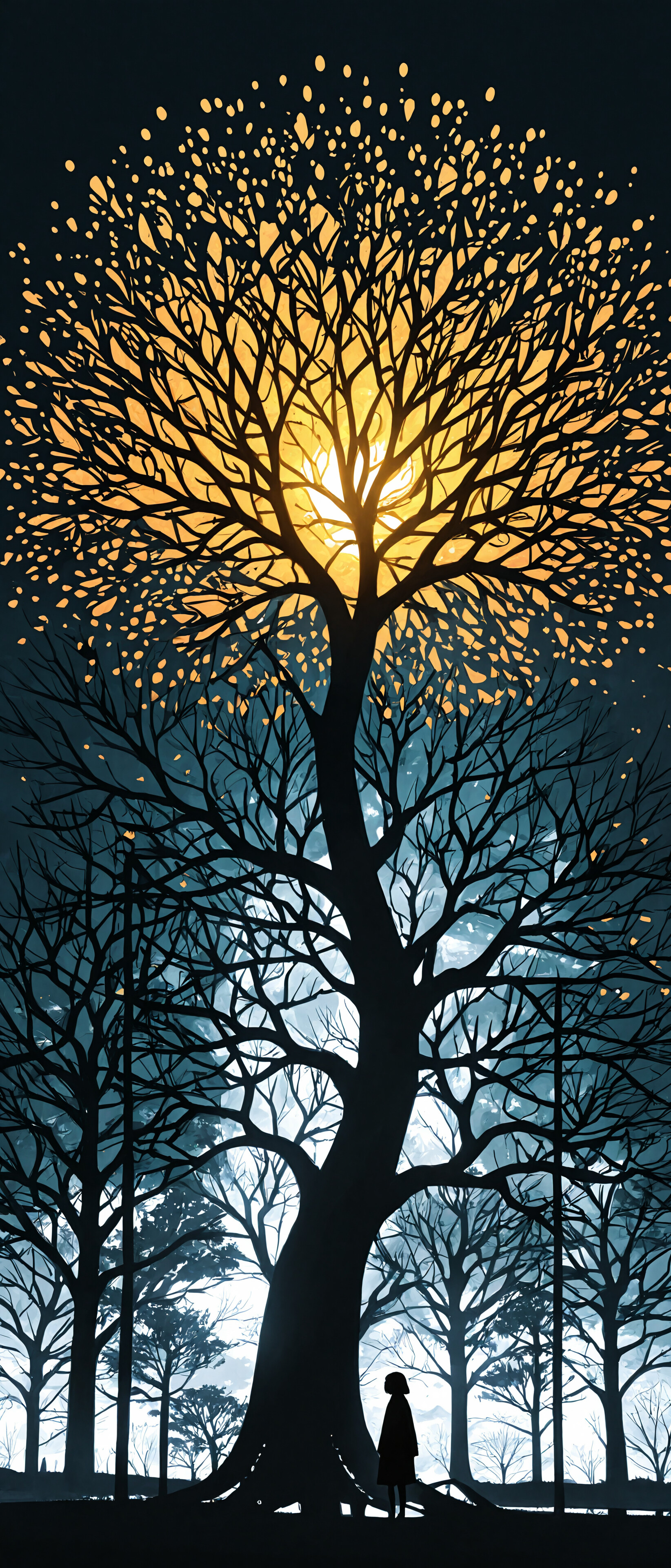 A digital illustration of a silhouetted girl standing before a massive, glowing tree with a white trunk and blue leaves against a dark background. Vertical streams of light fall around them, reflecting on the watery ground.