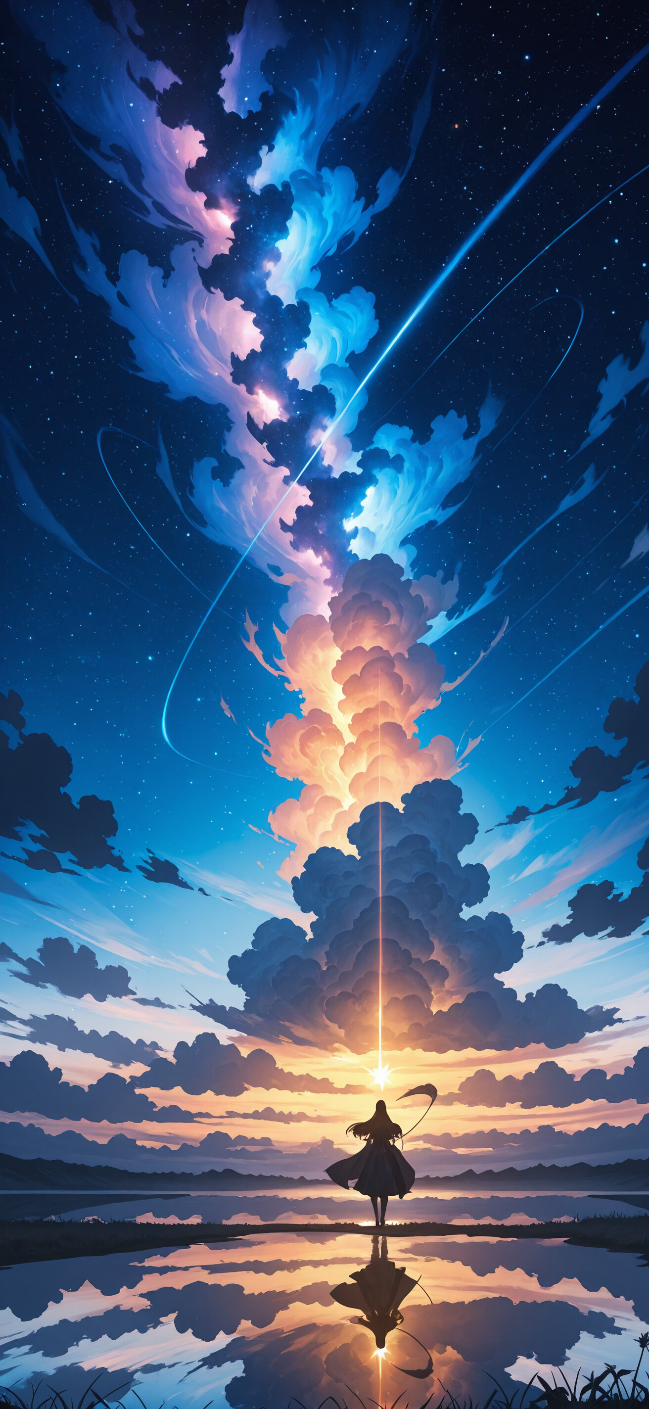 A lone figure in a dark robe stands at the edge of a calm lake, which perfectly reflects a breathtaking sunset sky filled with stars, massive clouds, and a brilliant blue comet streaking across the heavens.