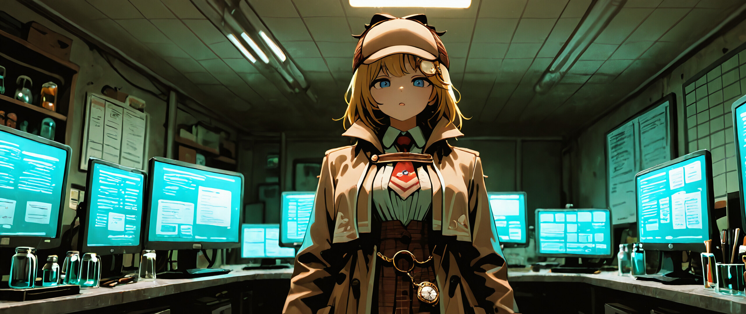 An anime-style illustration of the VTuber Watson Amelia, a blonde girl with blue eyes, wearing a detective's trench coat and hat. She stands with her hands on her hips in a dimly lit, vintage laboratory filled with scientific equipment.