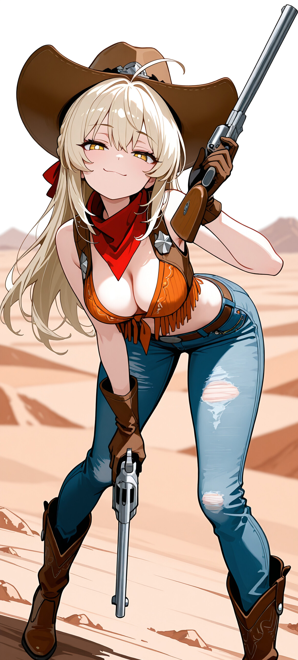 An anime-style illustration of a blonde cowgirl, identified as Lumine from Genshin Impact, in a desert. She wears a cowboy hat, fringed vest, and ripped jeans, smiling smugly as she points a revolver at the viewer.