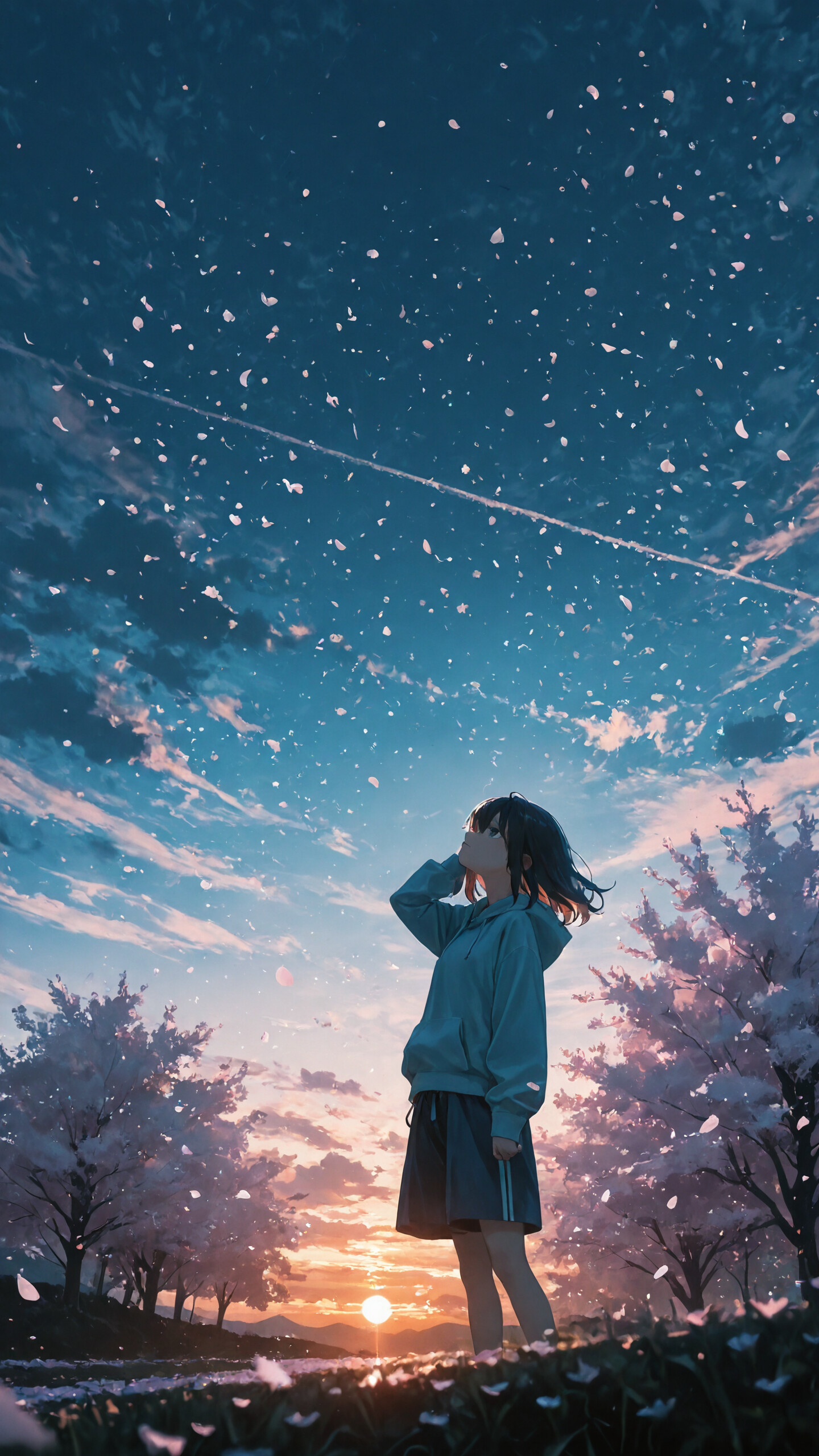 An anime-style illustration of a girl in a light blue hoodie standing on a hill at sunset, looking up at the sky as countless pink petals and light particles swirl around her.