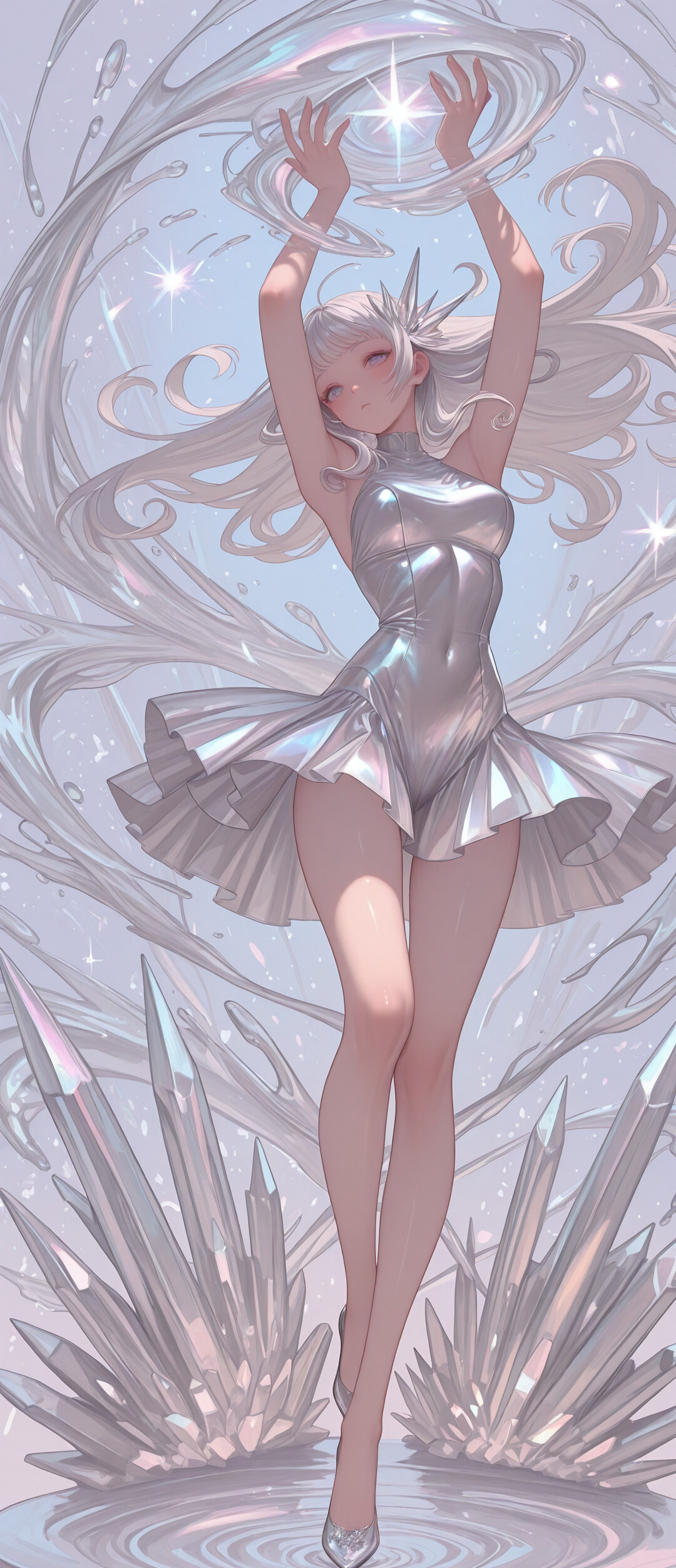 A full-body illustration of an anime girl with long white hair standing in water. She has a glowing light on her chest and is surrounded by large, iridescent crystals and swirling ribbons of water.
