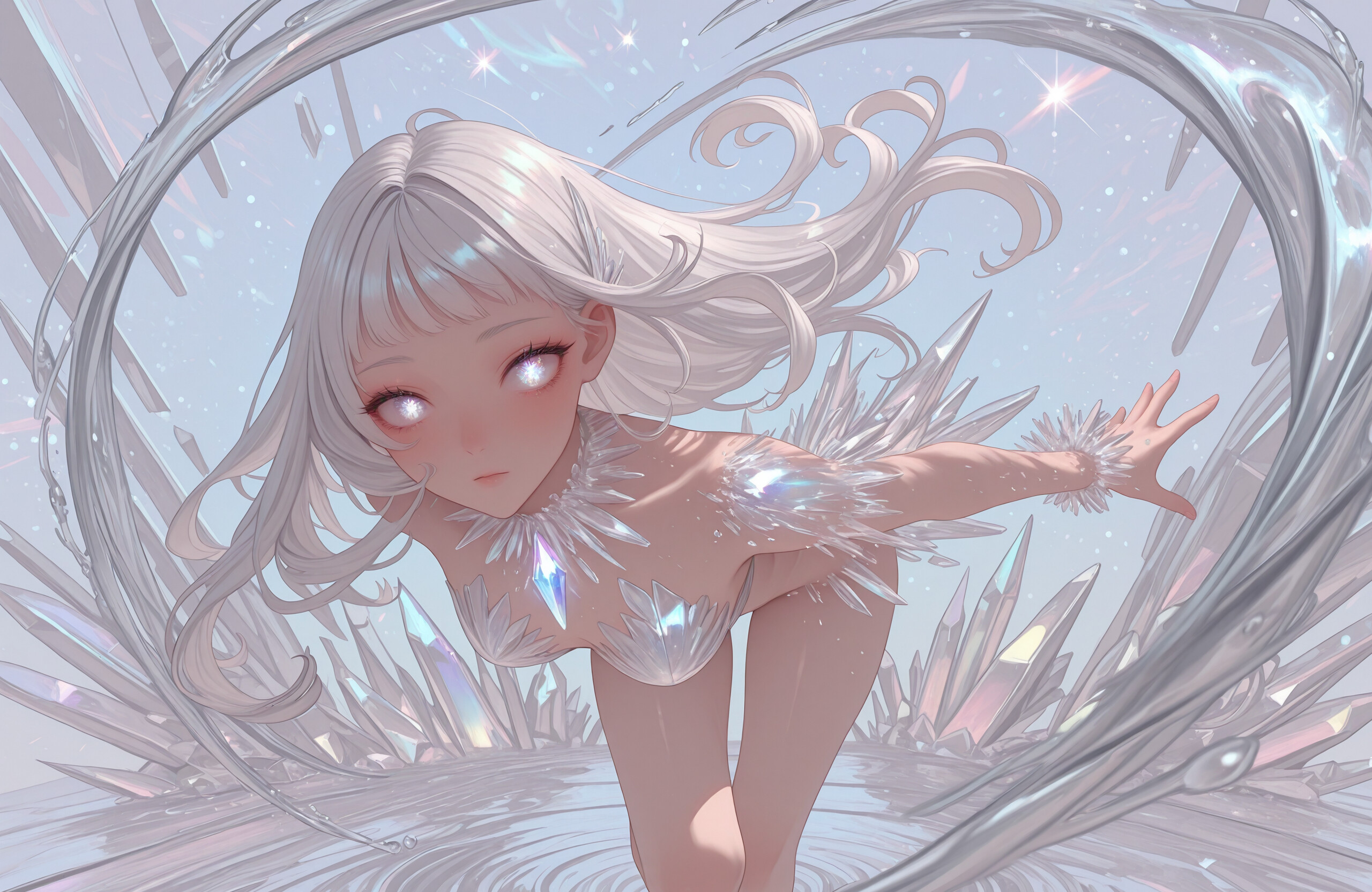 A full-body illustration of an anime girl with long white hair standing in water. She has a glowing light on her chest and is surrounded by large, iridescent crystals and swirling ribbons of water.