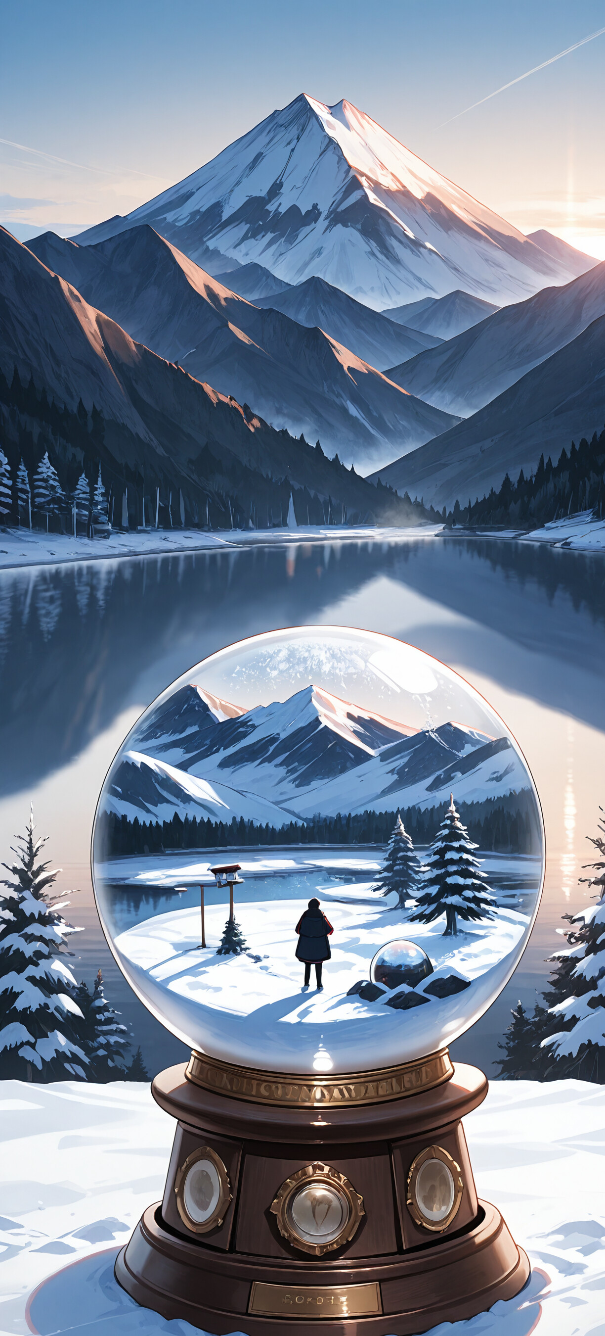 A glass snow globe containing a miniature winter scene with a cabin and trees, set against a real-life backdrop of a snowy mountain range and a calm lake at sunrise.