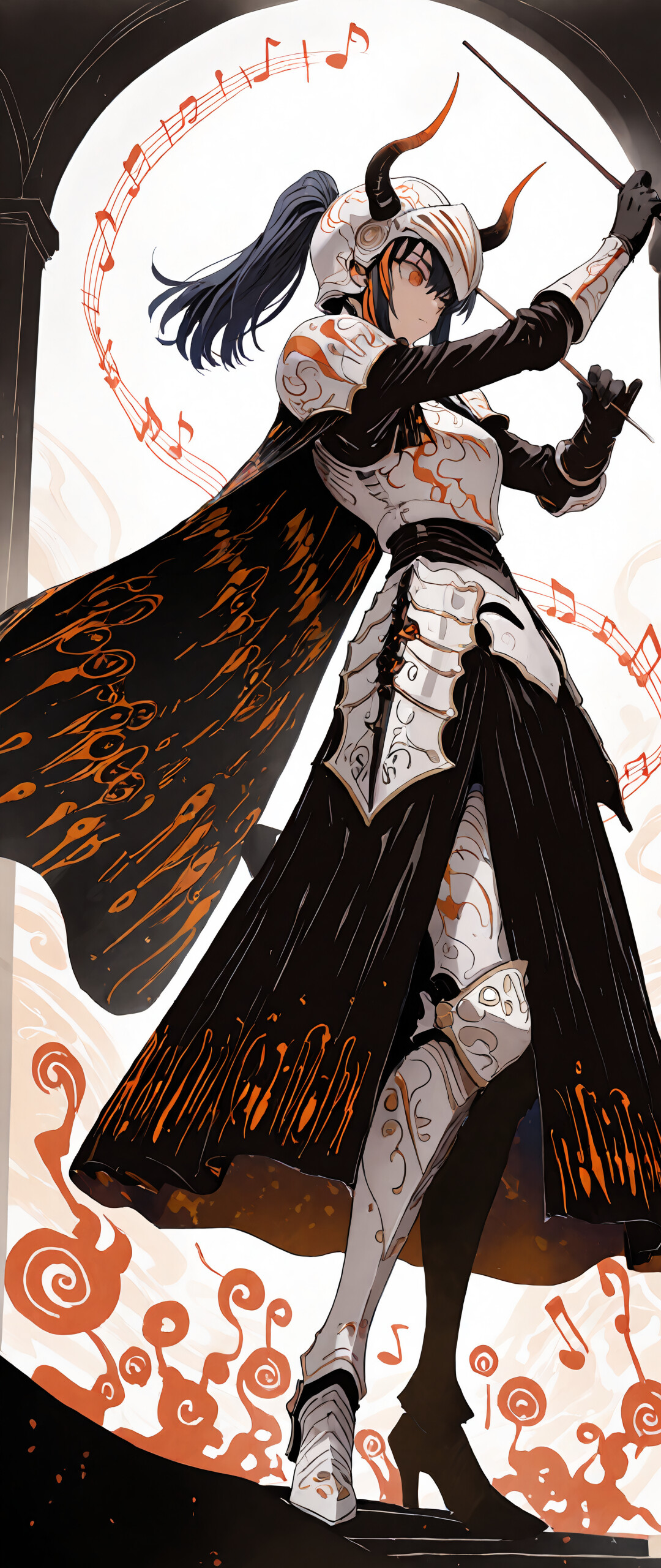 An anime-style illustration of the character Yaneko Uta as a knightly conductor. She wears ornate white and silver armor, a black cloak, and a horned helmet. She holds two conductor's batons, standing amidst a vortex of glowing orange musical notes.