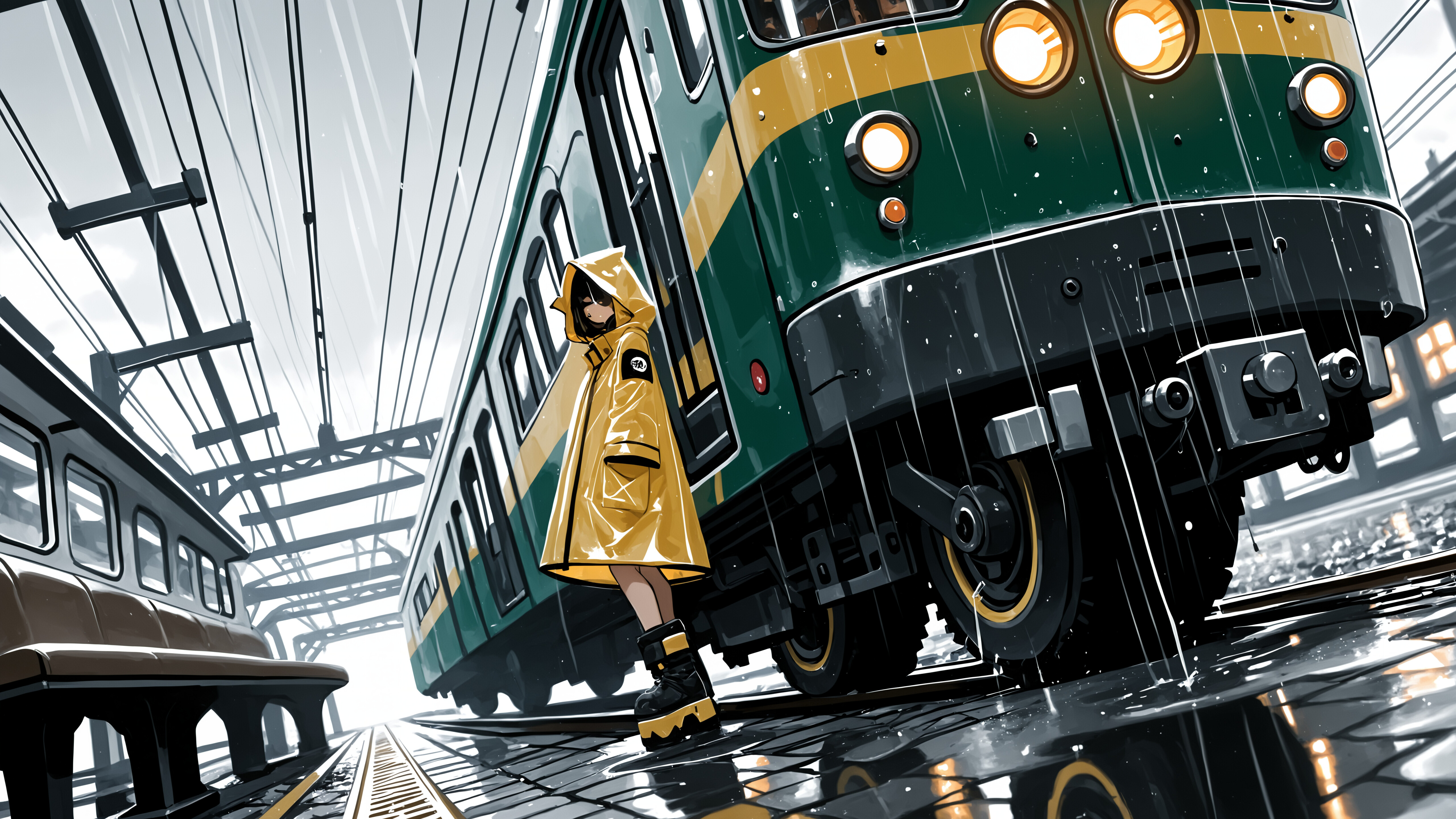 A full-length, low-angle shot of an anime-style girl in a bright yellow raincoat with bear-like ears on the hood, standing on wet, reflective train tracks between two dark subway cars.