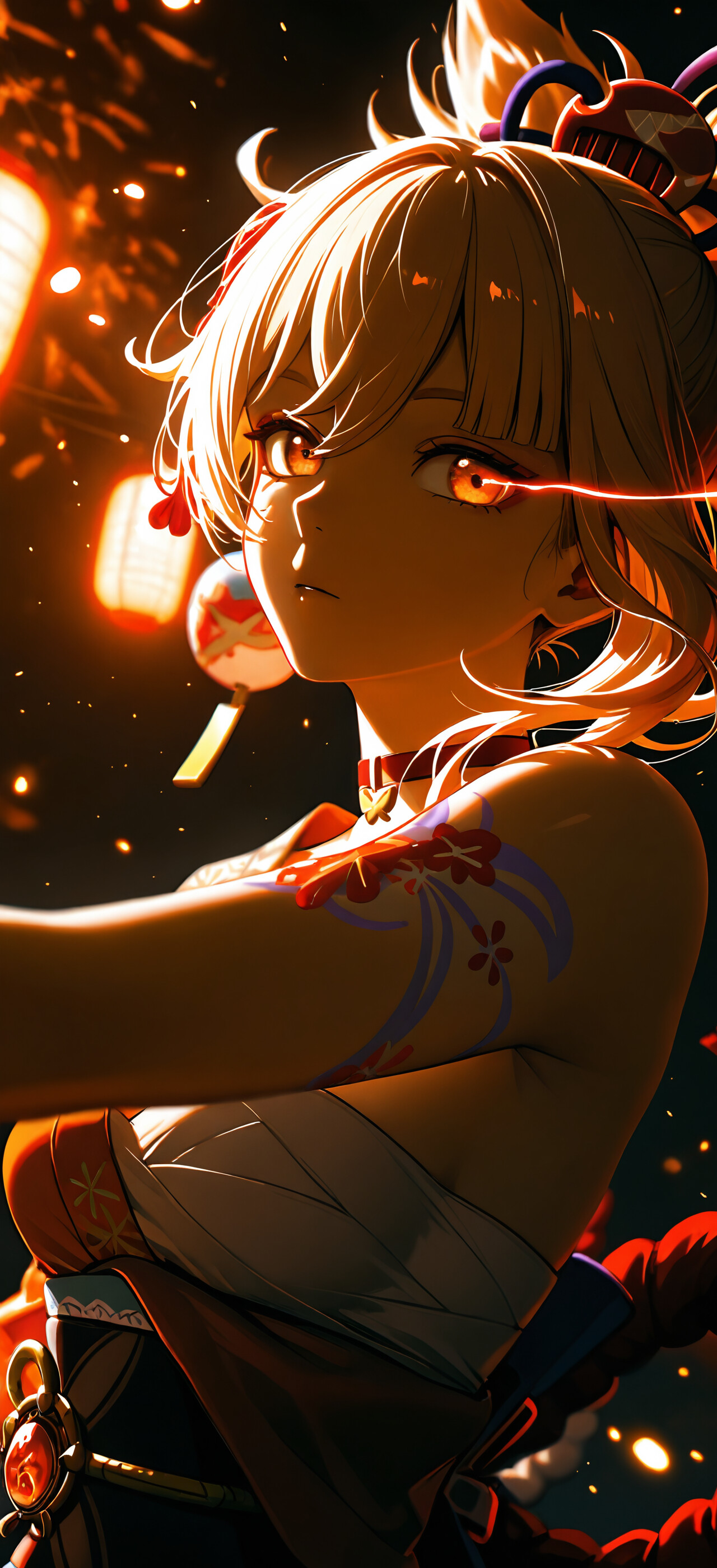 A close-up digital painting of Yoimiya from Genshin Impact at night. She has blonde hair in a high ponytail and glowing orange eyes, looking intensely down at the camera with warm light illuminating her from behind.