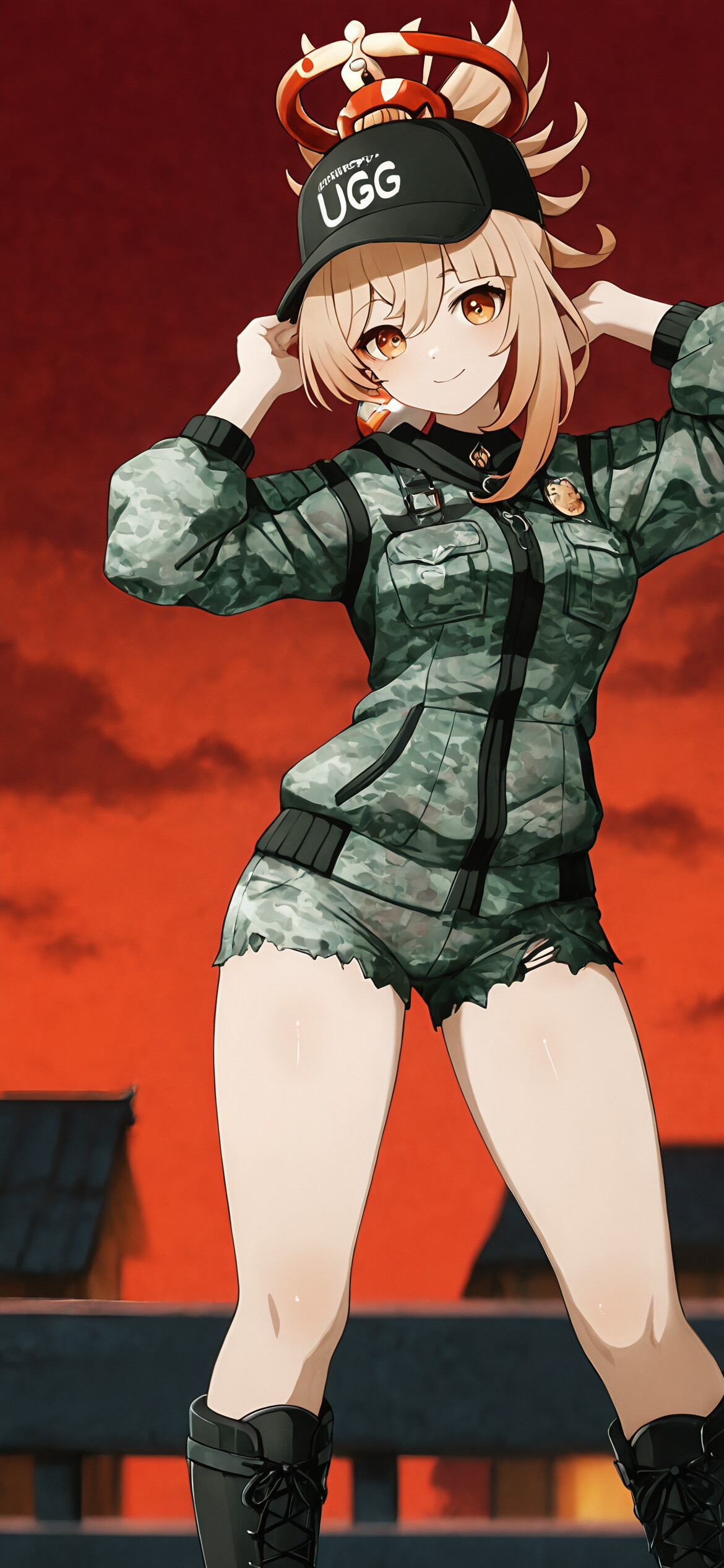An anime-style illustration of Yoimiya from Genshin Impact with blonde hair and a halo, wearing a black cap, a black crop top, a camouflage jacket, camo shorts, and black boots. She is sitting on a wooden railing against a red sky and smiling.