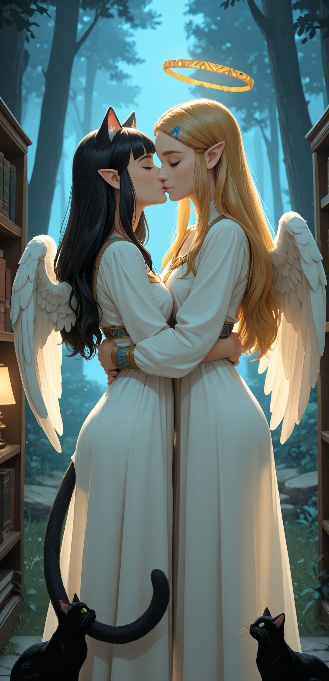 An illustration of Link and Zelda from The Legend of Zelda kissing. Both characters have cat ears and tails. Link has a single white angel wing, and Zelda has a halo.