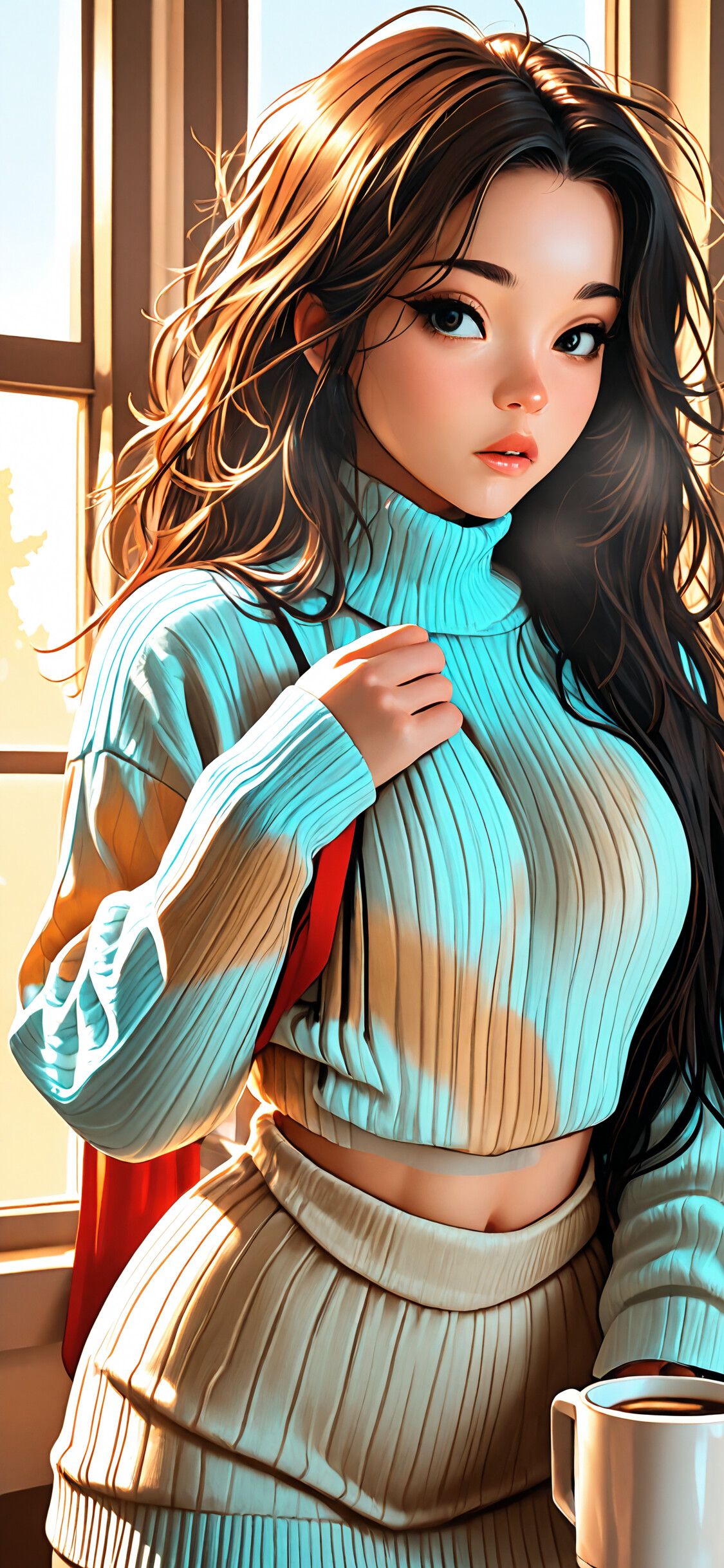 An illustration of a young woman with long brown hair in a cream sweater, holding a steaming mug of coffee while standing by a sunlit window in a kitchen.