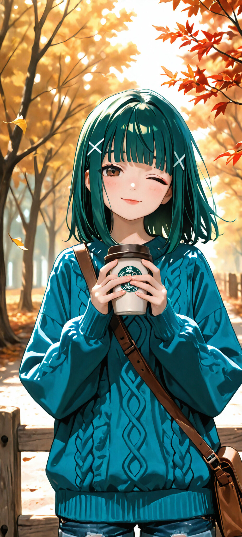 An anime girl with short green hair and a teal sweater winks at the camera while holding a coffee cup on a path surrounded by autumn trees.