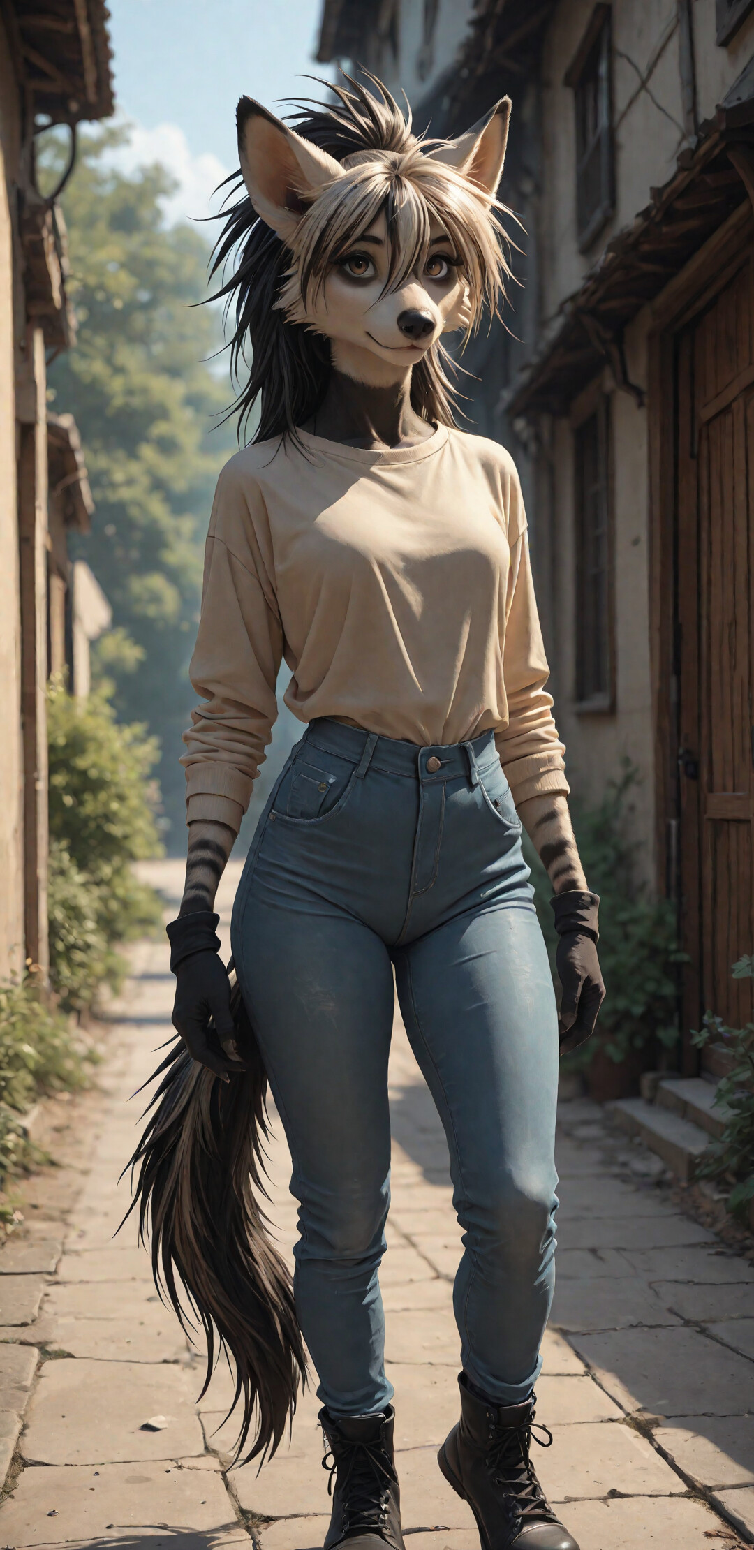An anthropomorphic aardwolf with black and white fur and spiky hair, wearing a black hoodie and blue jeans, sitting on a bed in a bedroom and looking at the camera.
