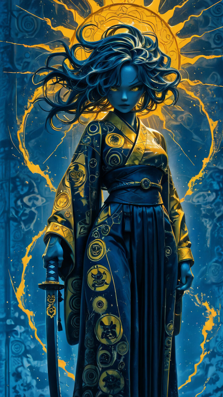 A full-length anime-style illustration of a female warrior with long, flowing blue hair and glowing yellow eyes. She wears a yellow kimono and holds a katana, standing before a large golden sun against a blue background.
