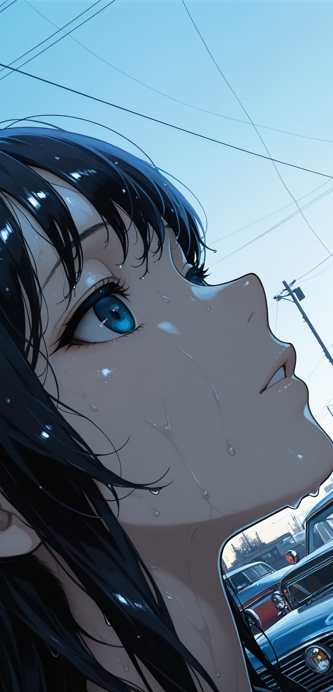 Close-up of an anime-style girl with short black hair and blue eyes, her face wet with rain. A vintage white car and a wet city street are visible in the background.