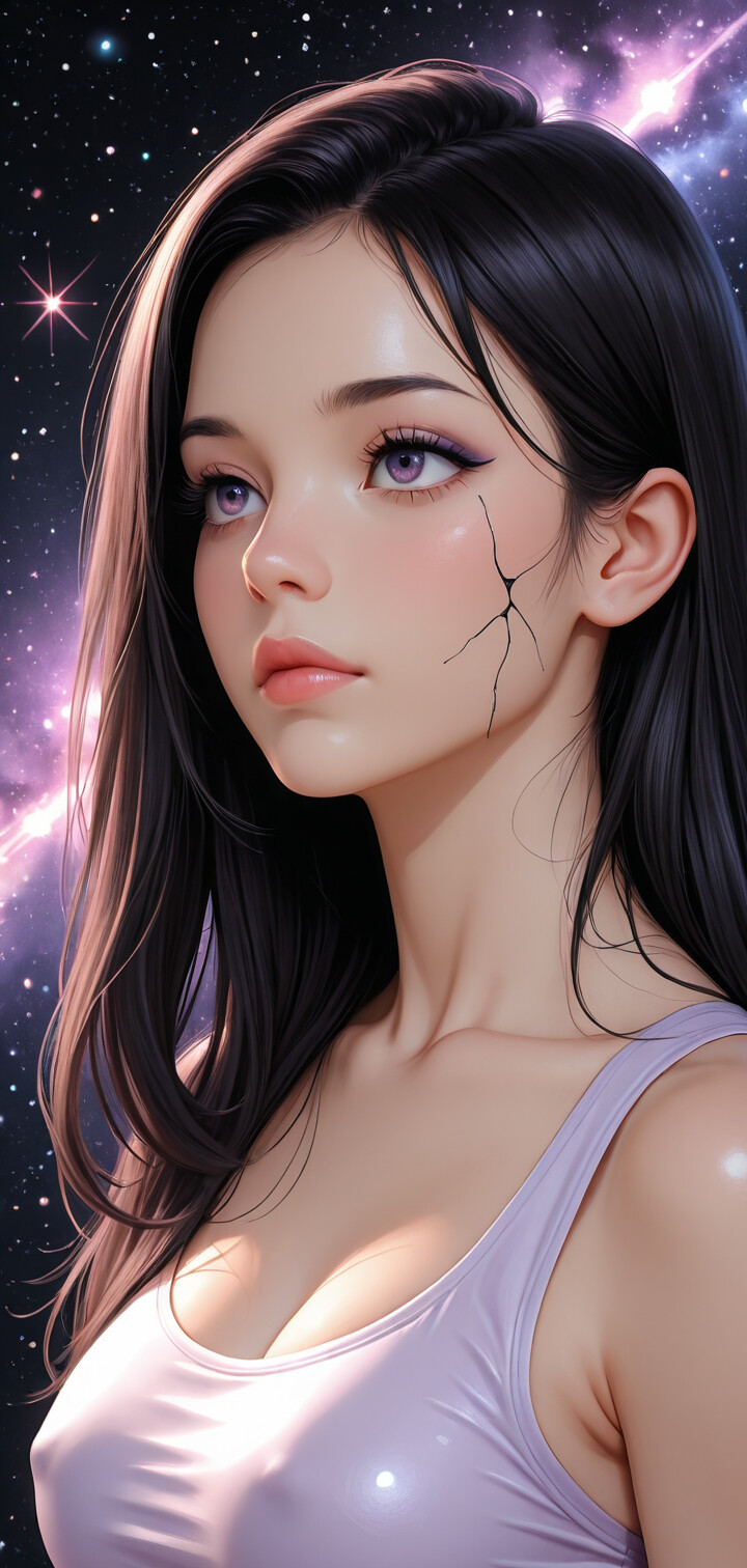 A close-up portrait of a beautiful young woman with long black hair and striking purple eyes, looking up against a purple and blue galaxy background with a shattered glass overlay.