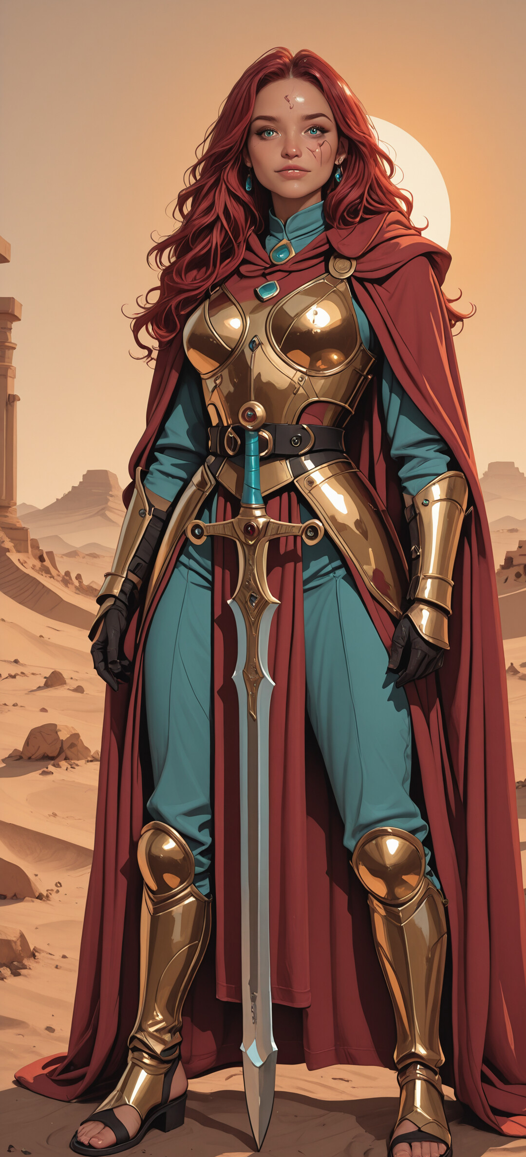 A full-body illustration of a confident, red-haired female warrior in gleaming gold armor and a long red cape, holding a sword in a desert landscape with ancient ruins behind her.