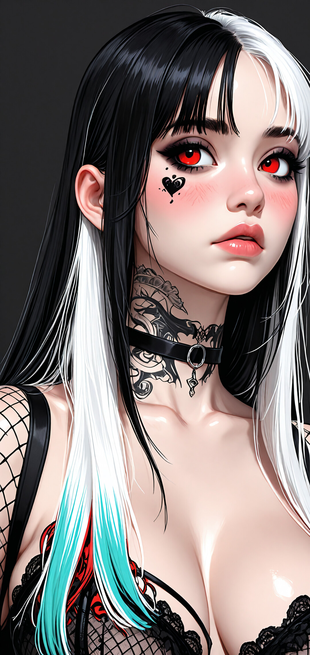 A detailed illustration of a young woman with a goth style, featuring long black and white split-dyed hair, red eyes, dark makeup, a choker, and numerous tattoos on her face, neck, and chest.