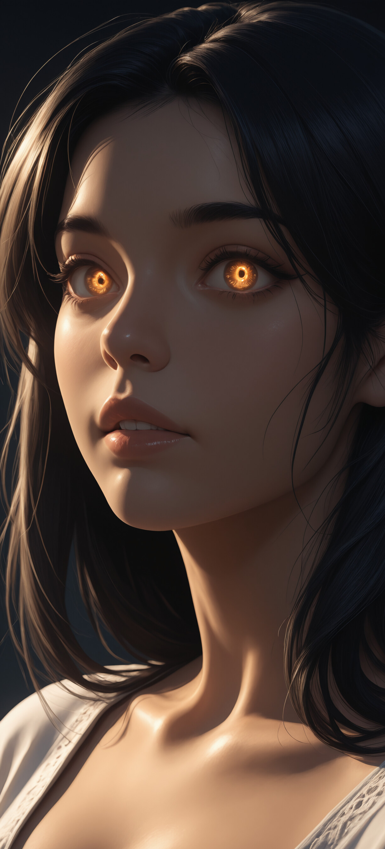 A close-up portrait of a young woman with long black hair and supernaturally glowing orange-gold eyes, looking directly at the viewer against a dark background with warm side lighting.