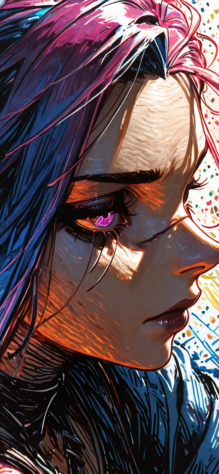 A close-up illustration of Jinx from Arcane with vibrant blue hair and glowing pink eyes. She has an intense expression and holds the blade of a knife near her mouth.
