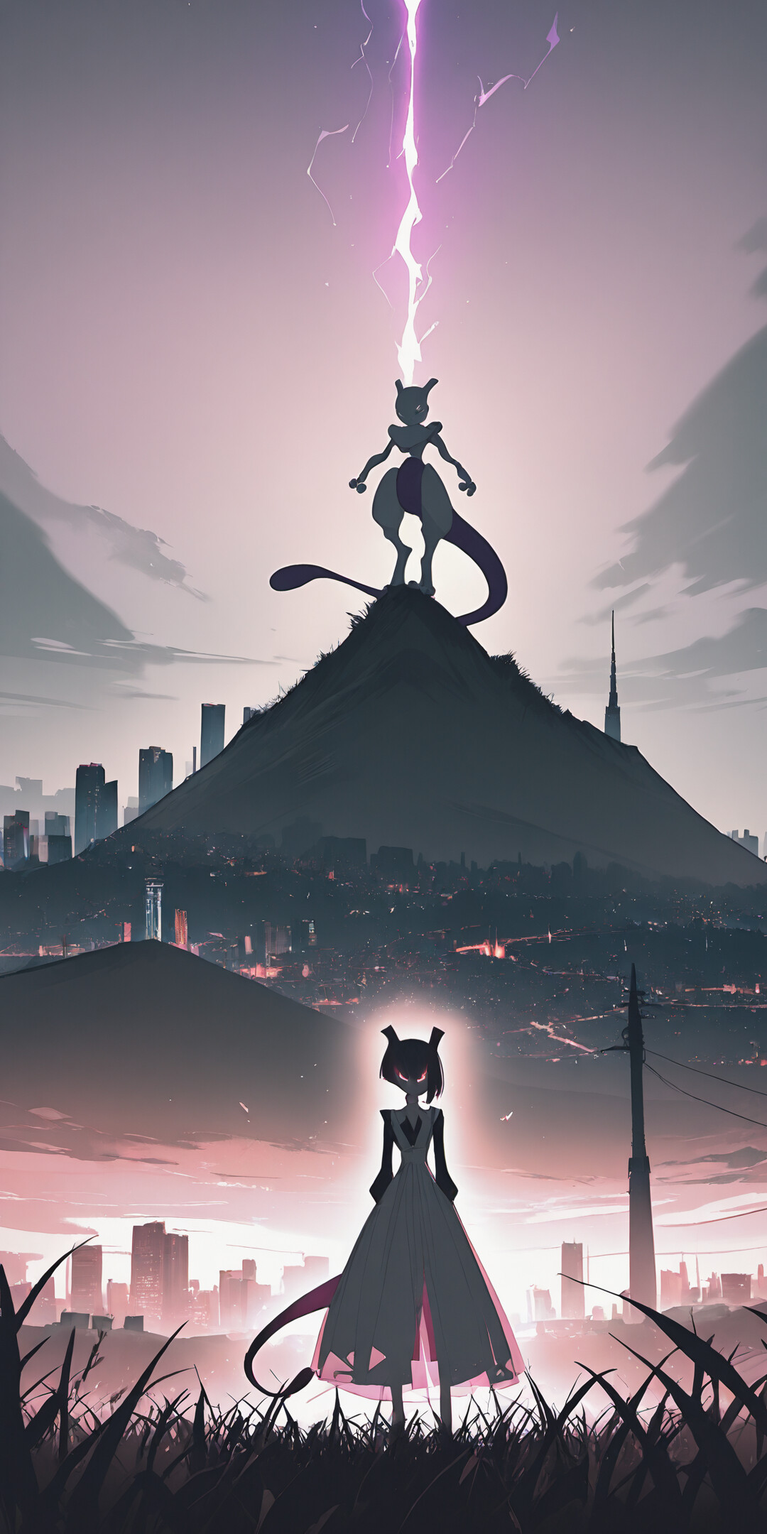 The Pokémon Mewtwo stands on a grassy hill, looking forward with glowing purple eyes, with a vast, brightly lit cityscape stretching out behind it at dusk.