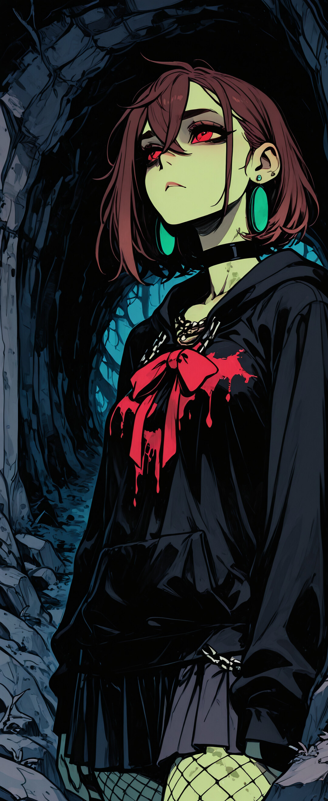 An anime illustration of Momo Ayase from Dandadan in a dark cave. She has short brown hair, glowing red eyes, and wears a black goth hoodie with a red bow. A strong red light illuminates the scene from behind her.