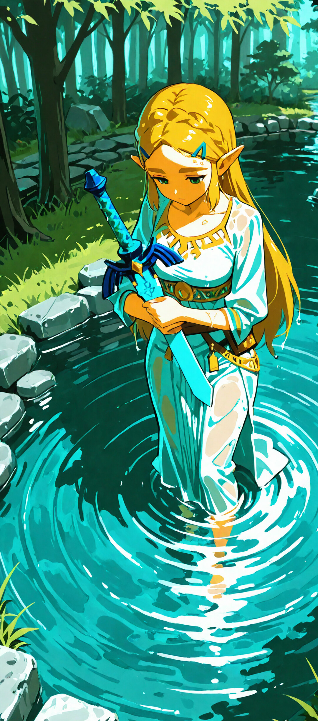 An anime-style illustration of Princess Zelda standing in a tranquil, teal-colored forest spring. She has long blonde hair and pointed ears, and wears a white ceremonial dress. She holds the Master Sword vertically in front of her with both hands, looking down with a sad expression as ripples spread across the water's surface.