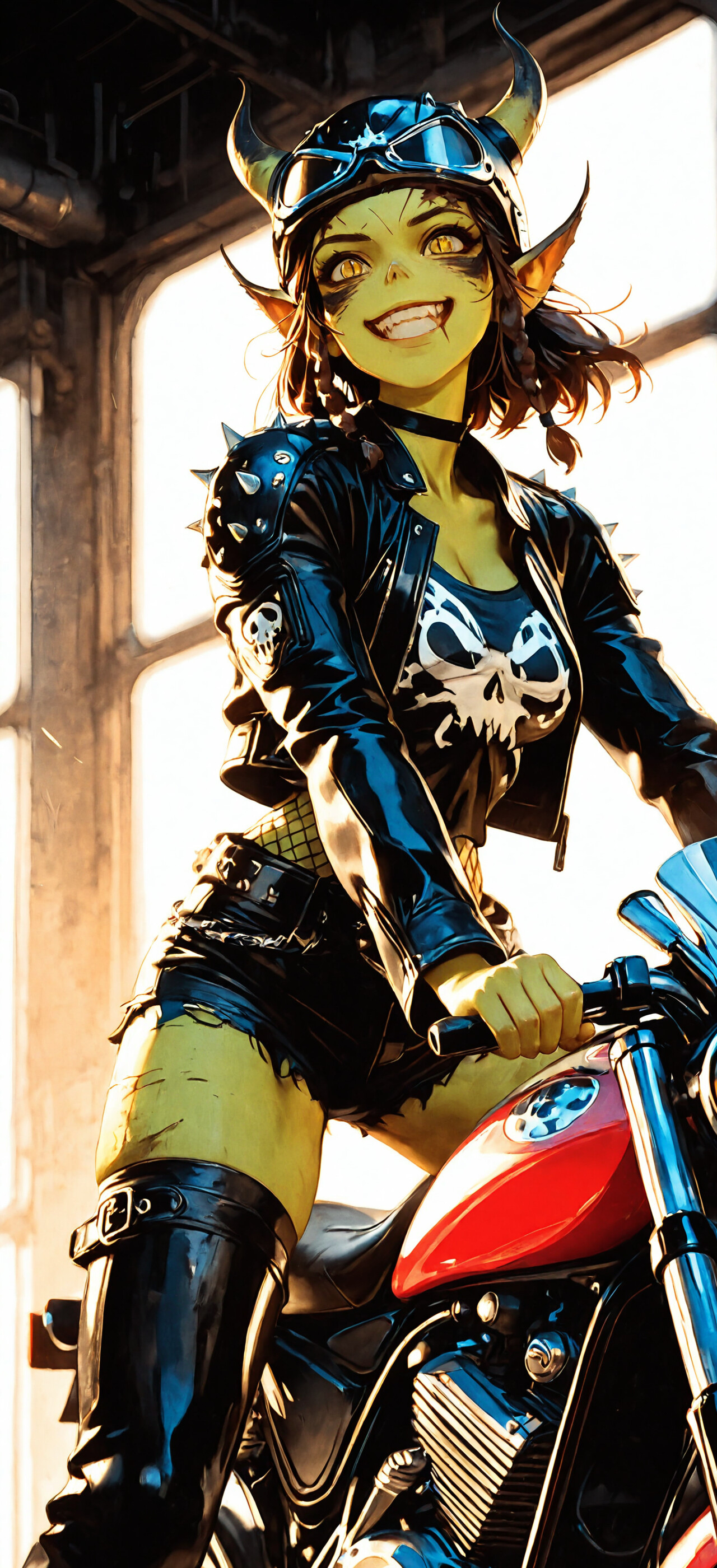 A digital illustration of Lae'zel from Baldur's Gate 3 as a punk biker. She has yellow skin, pointy ears, and a wide smile, wearing a horned helmet, a spiked leather jacket, and a skull t-shirt while sitting on her motorcycle.