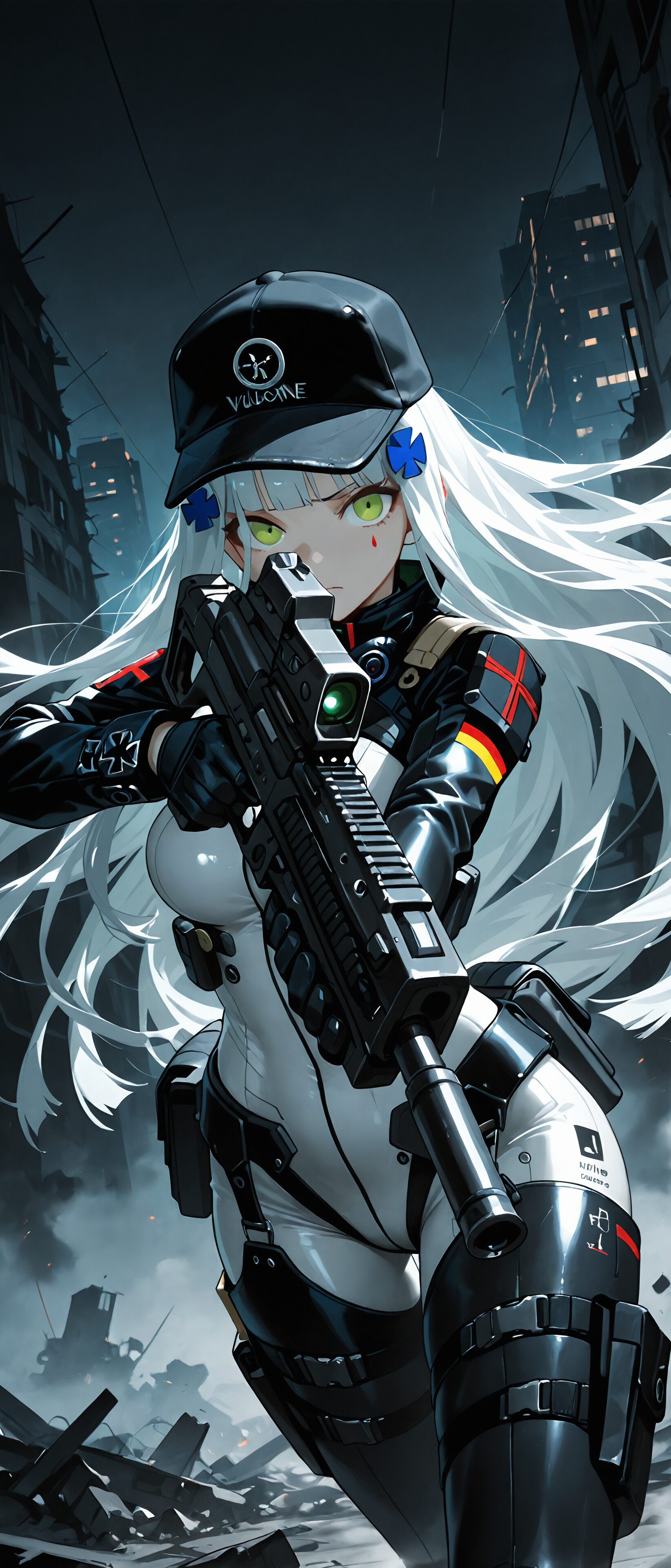 An anime character, HK416 from Girls' Frontline, with long white hair and green eyes, aiming a large black rifle in a destroyed city at night. She is wearing a black baseball cap, black gloves, and a white and black tactical suit.