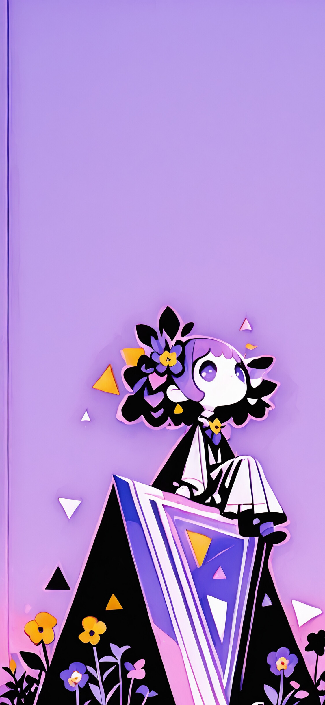 An anime girl with purple hair and flowers sits on a dark surface against a solid purple background, surrounded by floating white triangles and small orange flowers.