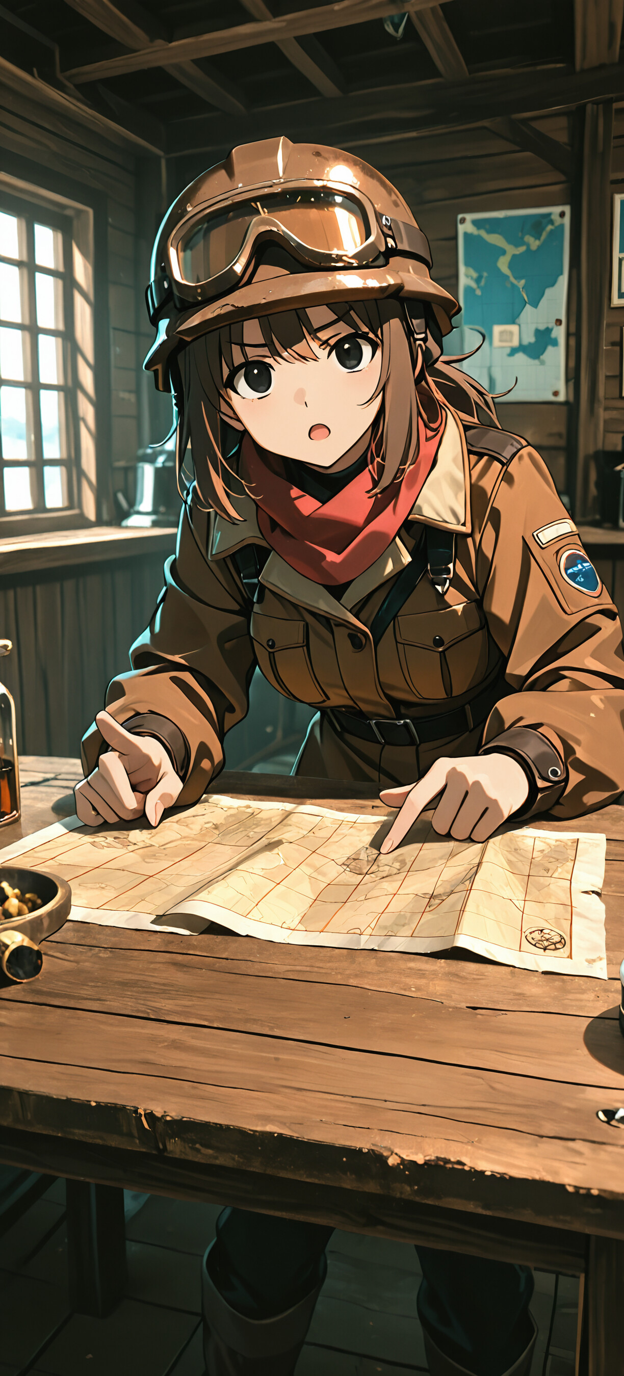 An anime girl with brown hair wearing an explorer's helmet and jacket, leaning over a wooden table and pointing at a map while looking towards the viewer.
