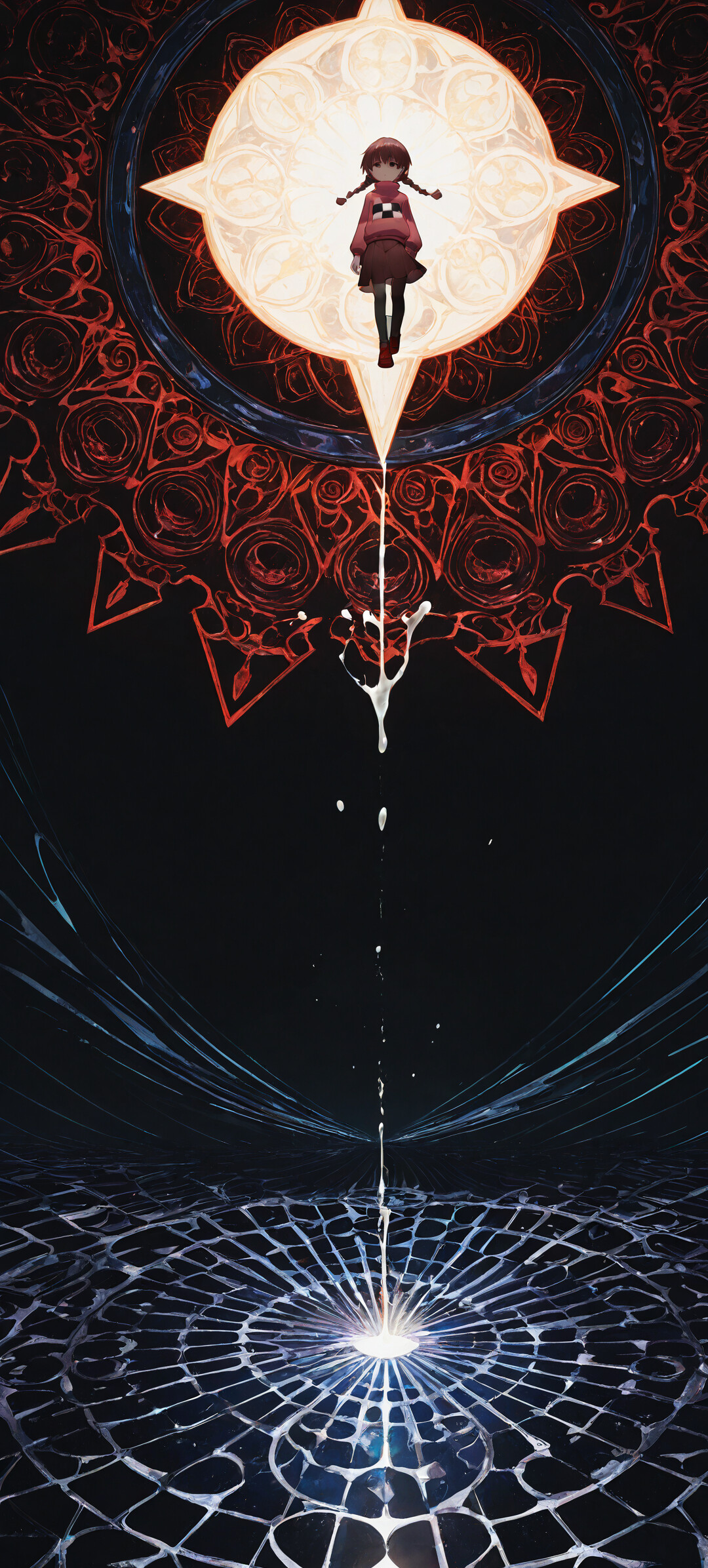 An intricate, circular mandala-like design glows with red and blue light against a dark, swirling background. The design features a bright, glowing center surrounded by concentric rings filled with various mystical symbols from the game Yume Nikki.