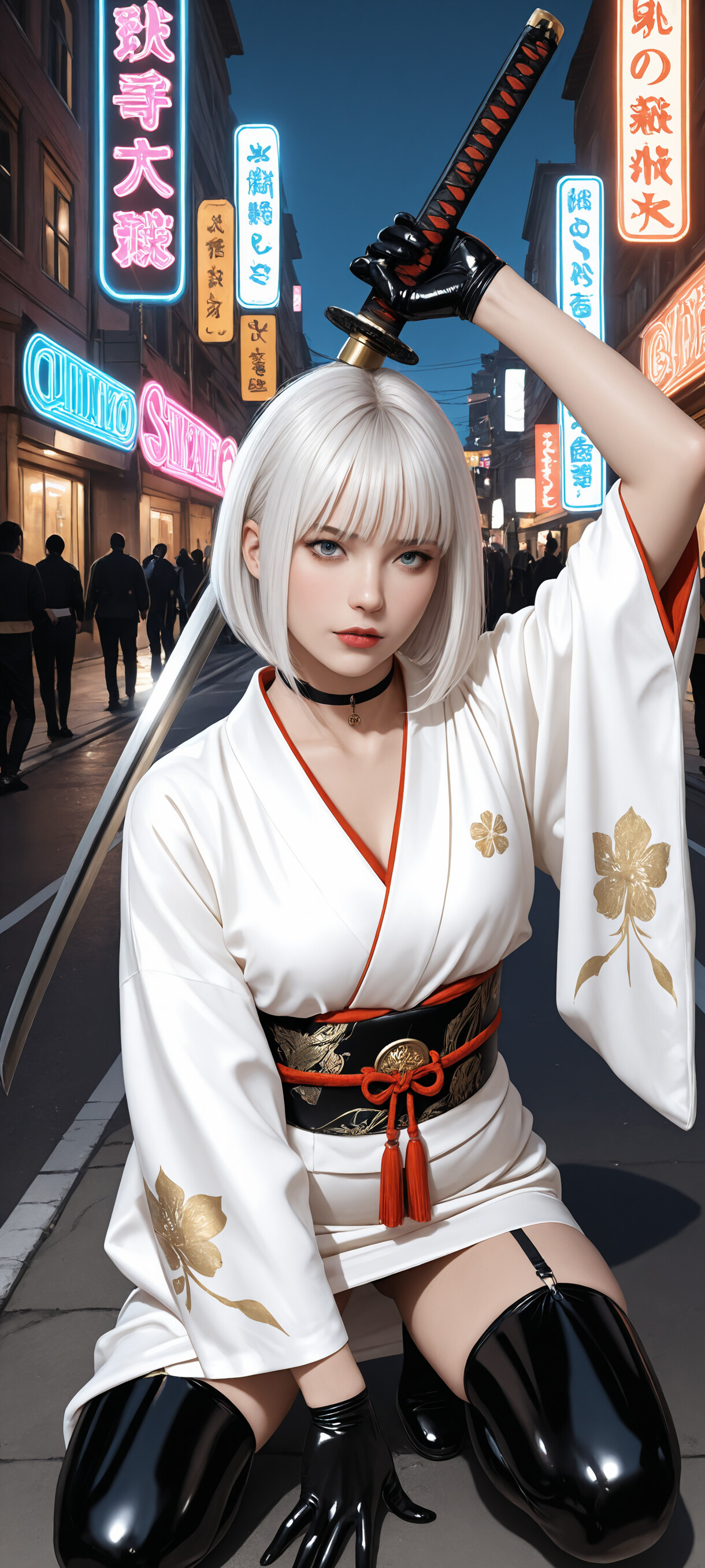 A woman with short white hair, resembling 2B from NieR:Automata, kneels on one knee in the middle of a city street at night. She is wearing a short white kimono, long black latex gloves, and black latex thigh-highs with a garter belt. She holds a Japanese katana with both hands above her head in a ready stance, looking directly at the viewer. The background features buildings with glowing neon signs.
