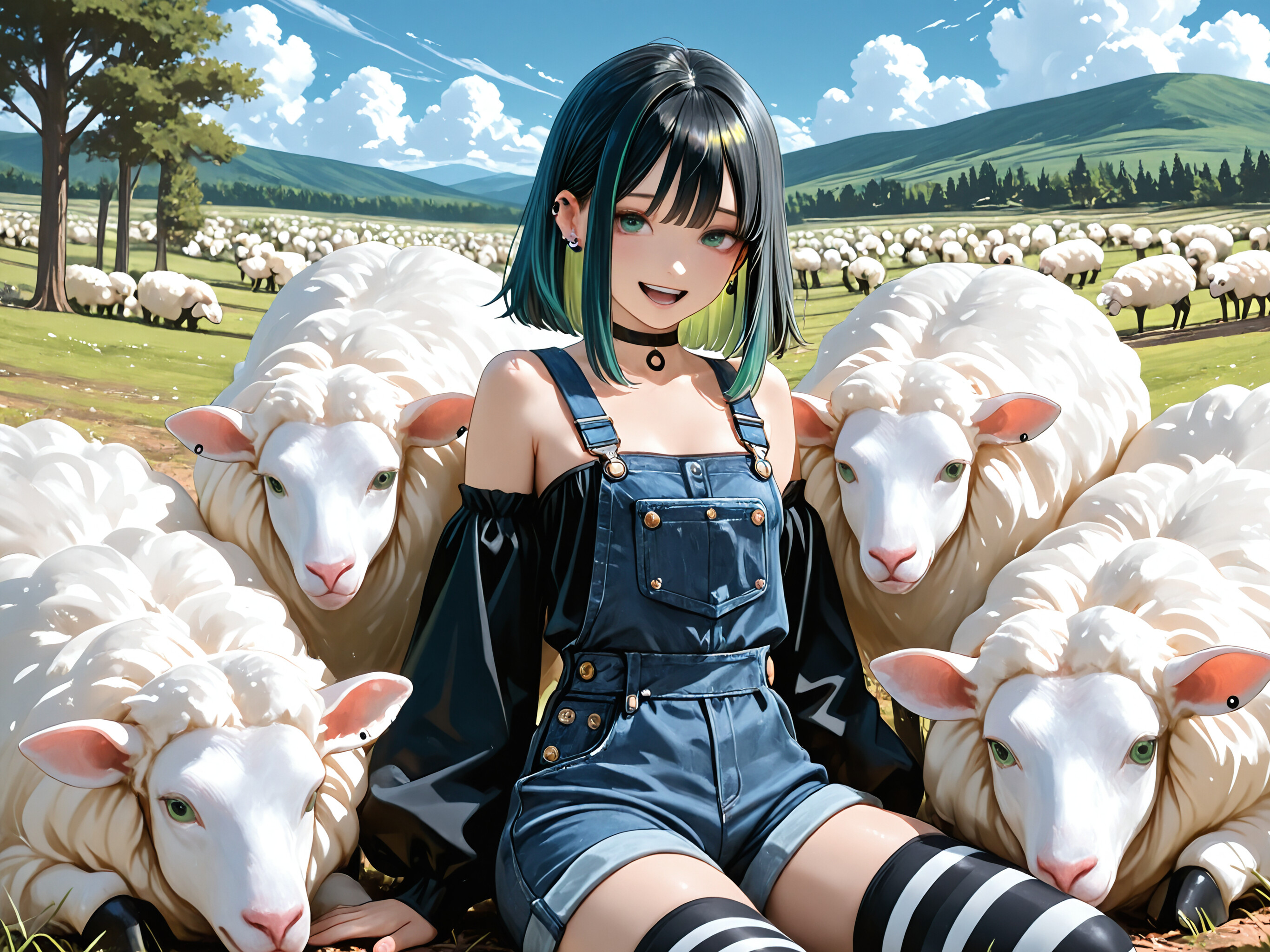 An anime-style illustration of a young woman with short black and green hair, wearing denim overalls and striped thigh-highs, sitting in a grassy field surrounded by a large flock of white sheep on a sunny day.