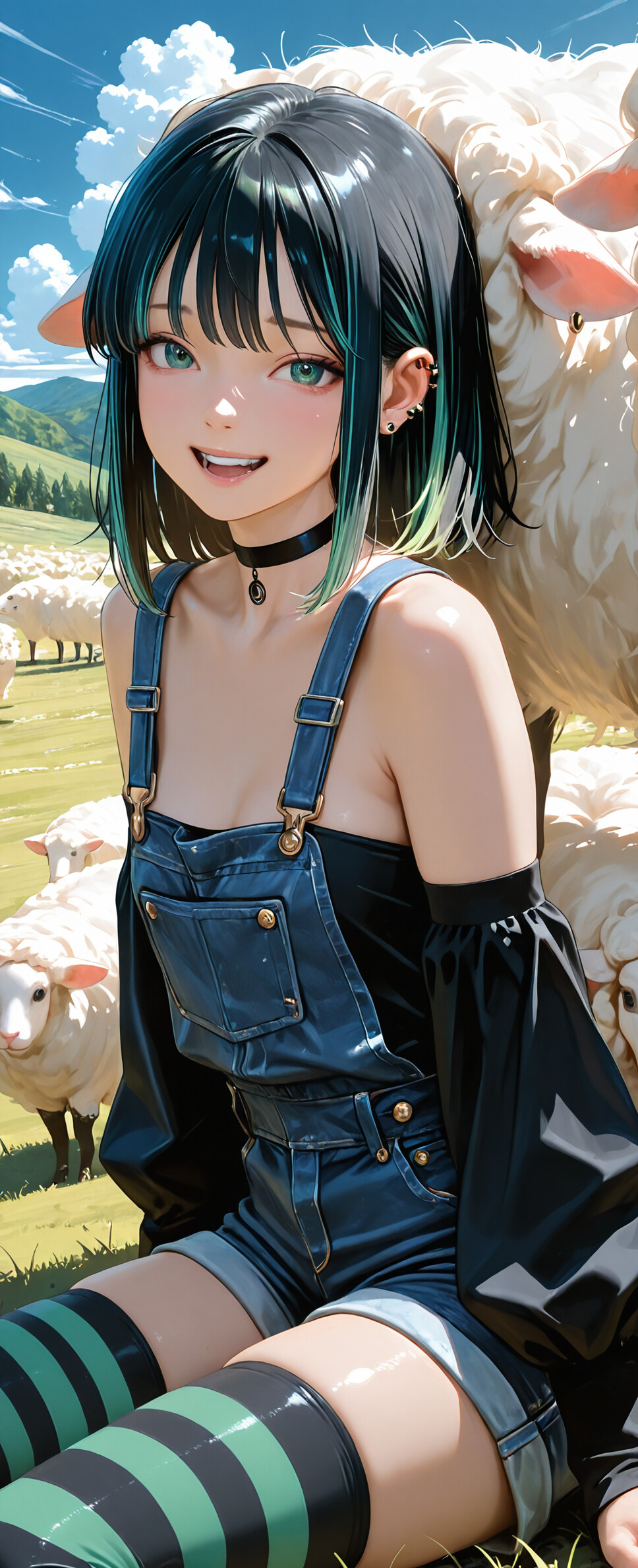 An anime-style illustration of a young woman with short black and green hair, wearing denim overalls and striped thigh-highs, sitting in a grassy field surrounded by a large flock of white sheep on a sunny day.