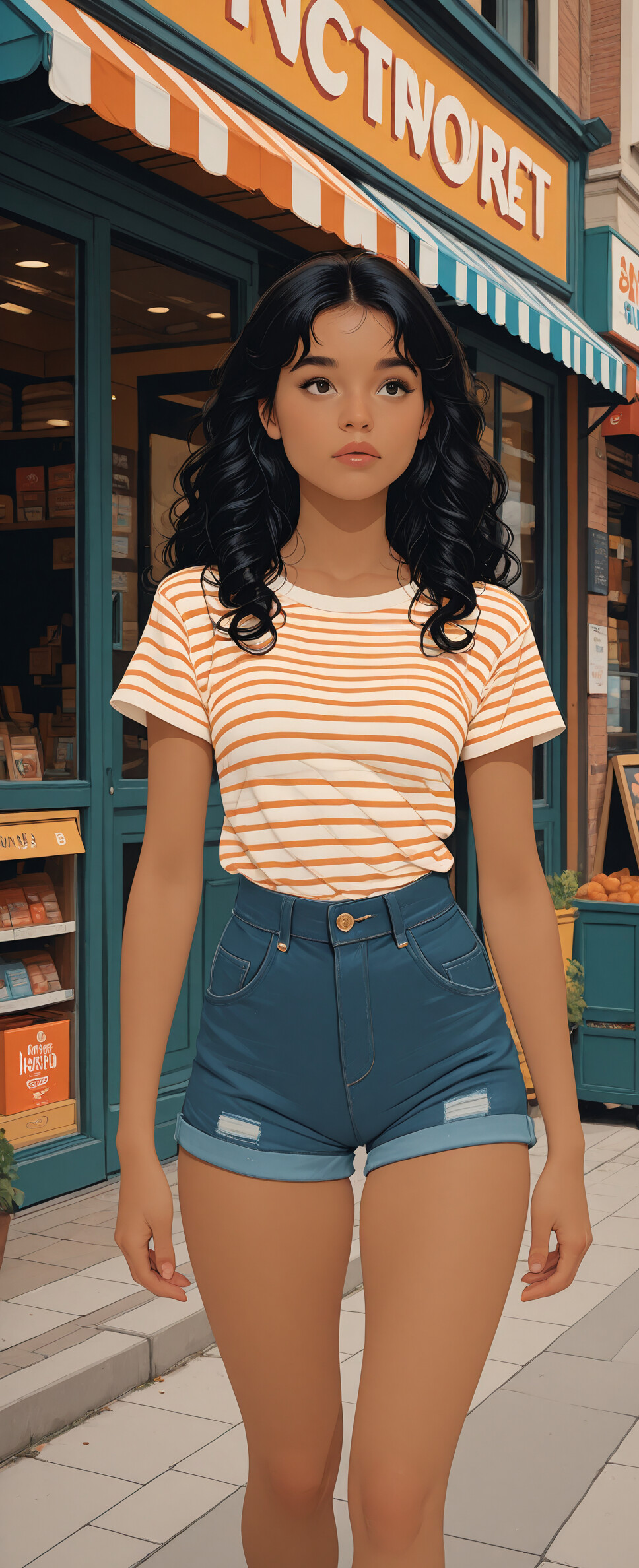 A digital illustration of a young woman with curly black hair, wearing a striped t-shirt and denim shorts, walking along a sunny city street lined with shops.