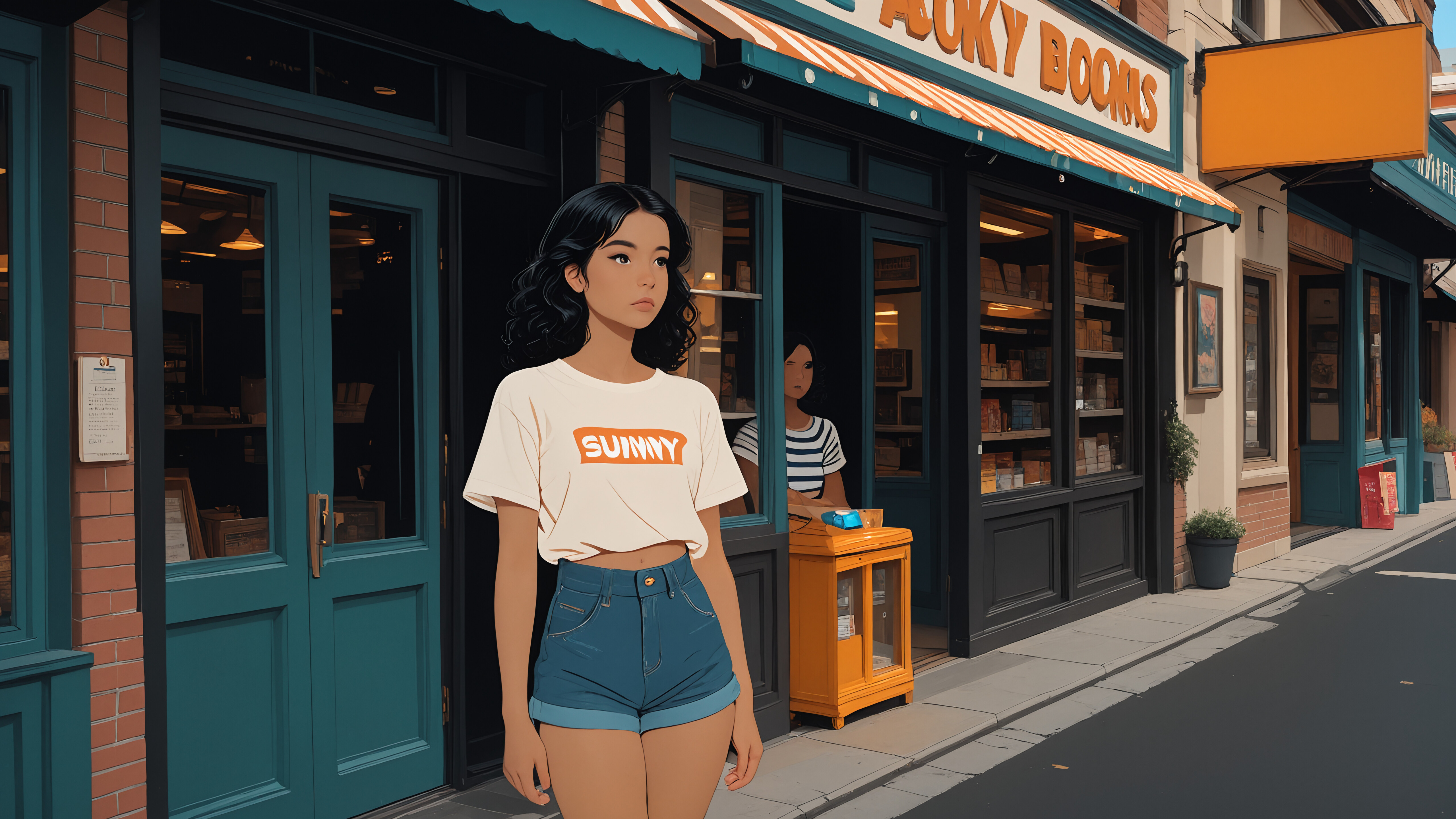 A digital illustration of a young woman with curly black hair, wearing a striped t-shirt and denim shorts, walking along a sunny city street lined with shops.