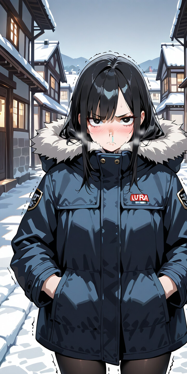 An anime girl with short black hair and a runny nose frowns while standing in a snowy village, wearing a dark blue winter coat with a fur hood and her hands in her pockets.