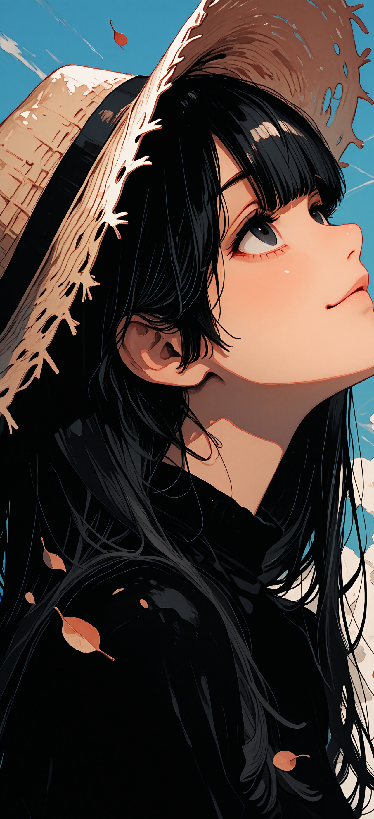 An anime-style portrait of a young woman with long black hair and a straw hat, looking up at a blue sky with a slight smile as autumn leaves fall around her.
