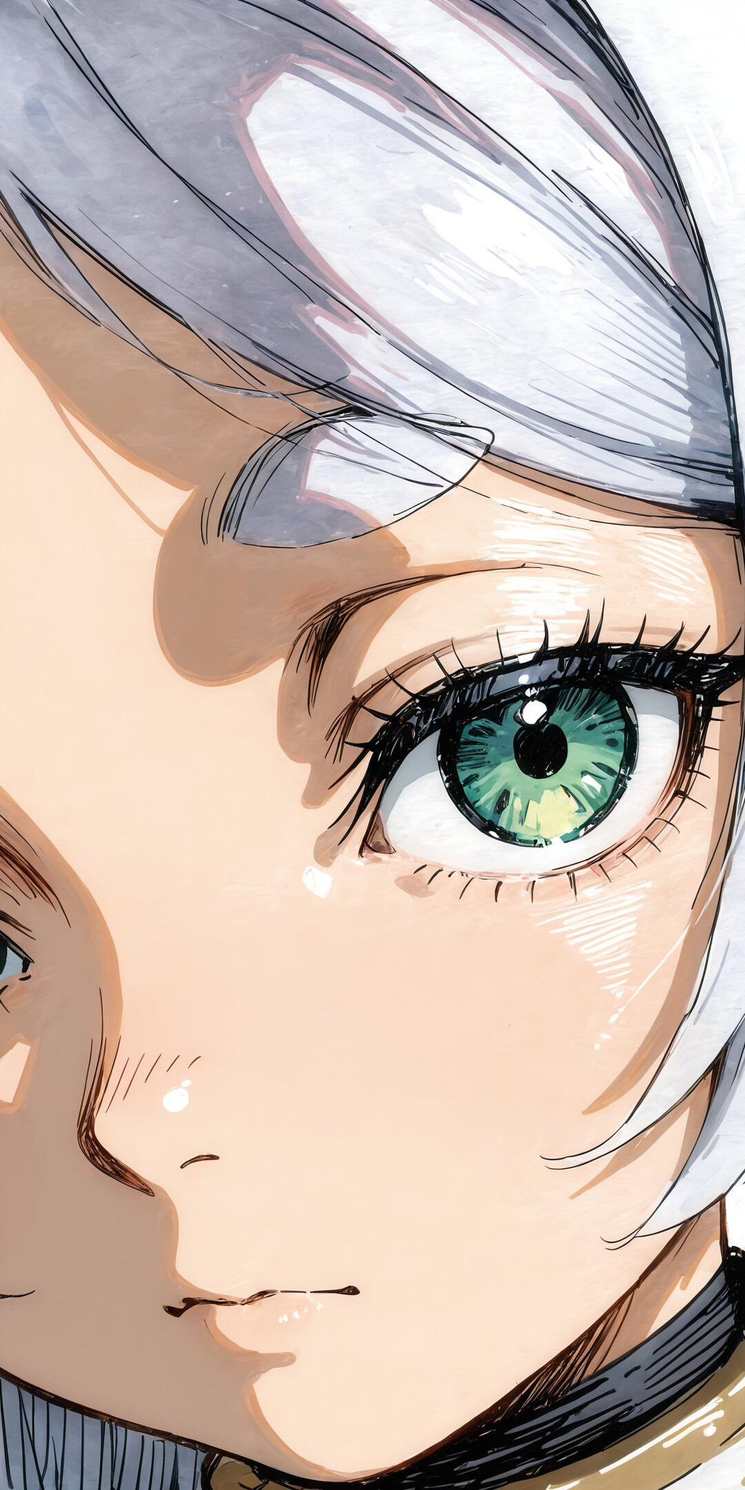 A close-up color sketch of the elf Frieren from 'Frieren: Beyond Journey's End'. She has long white hair, green eyes, and pointed ears with red earrings, and is looking calmly at the viewer.