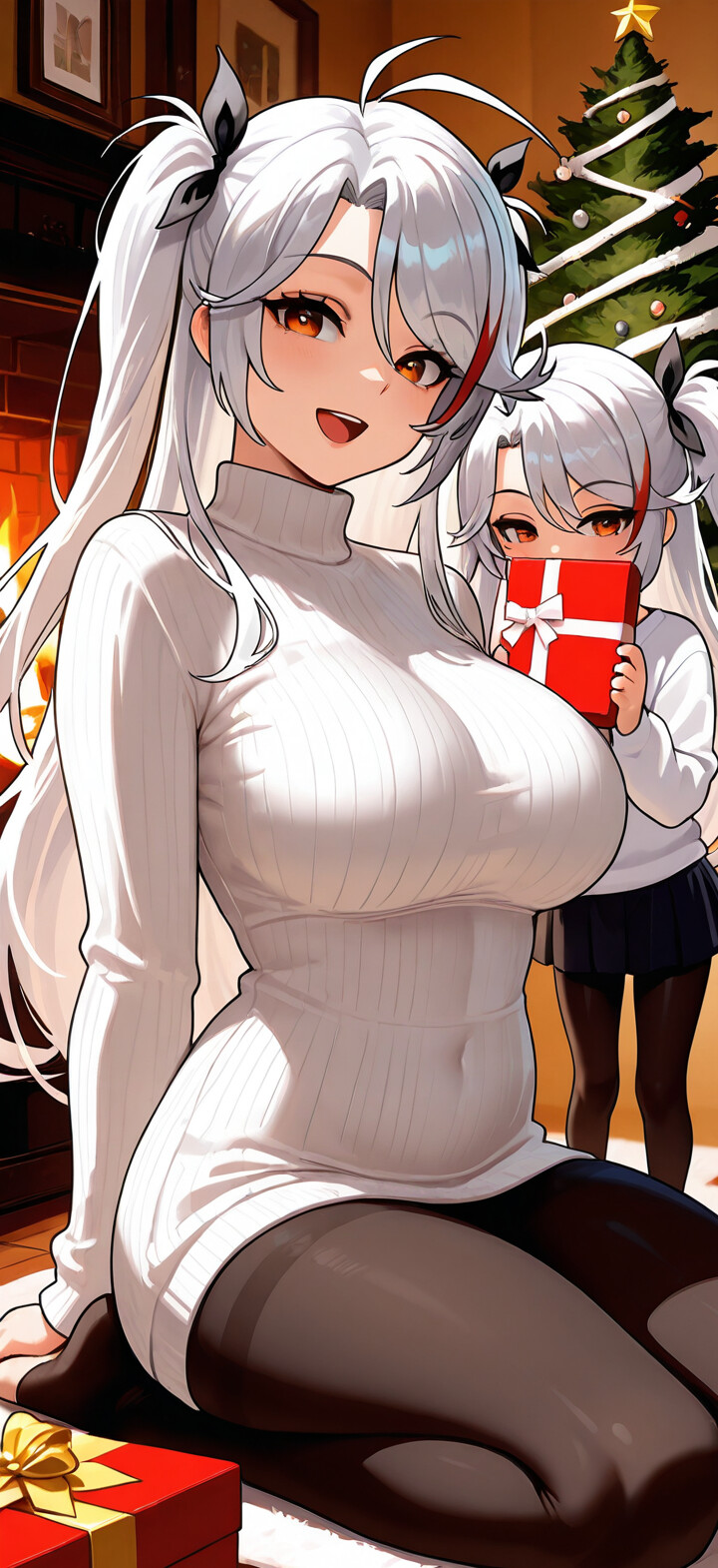 An illustration of Prinz Eugen from Azur Lane and a younger version of herself in matching white sweaters and black pantyhose, sitting by a Christmas tree with presents and a fireplace.