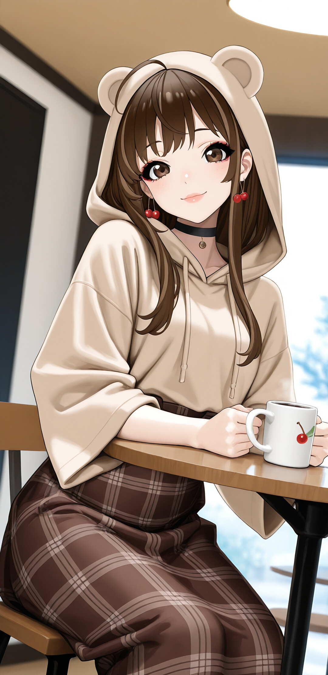 An anime-style girl with long brown hair and cherry earrings, wearing a beige hoodie and plaid skirt, smiles while sitting at a table in a cafe with a steaming mug of coffee.