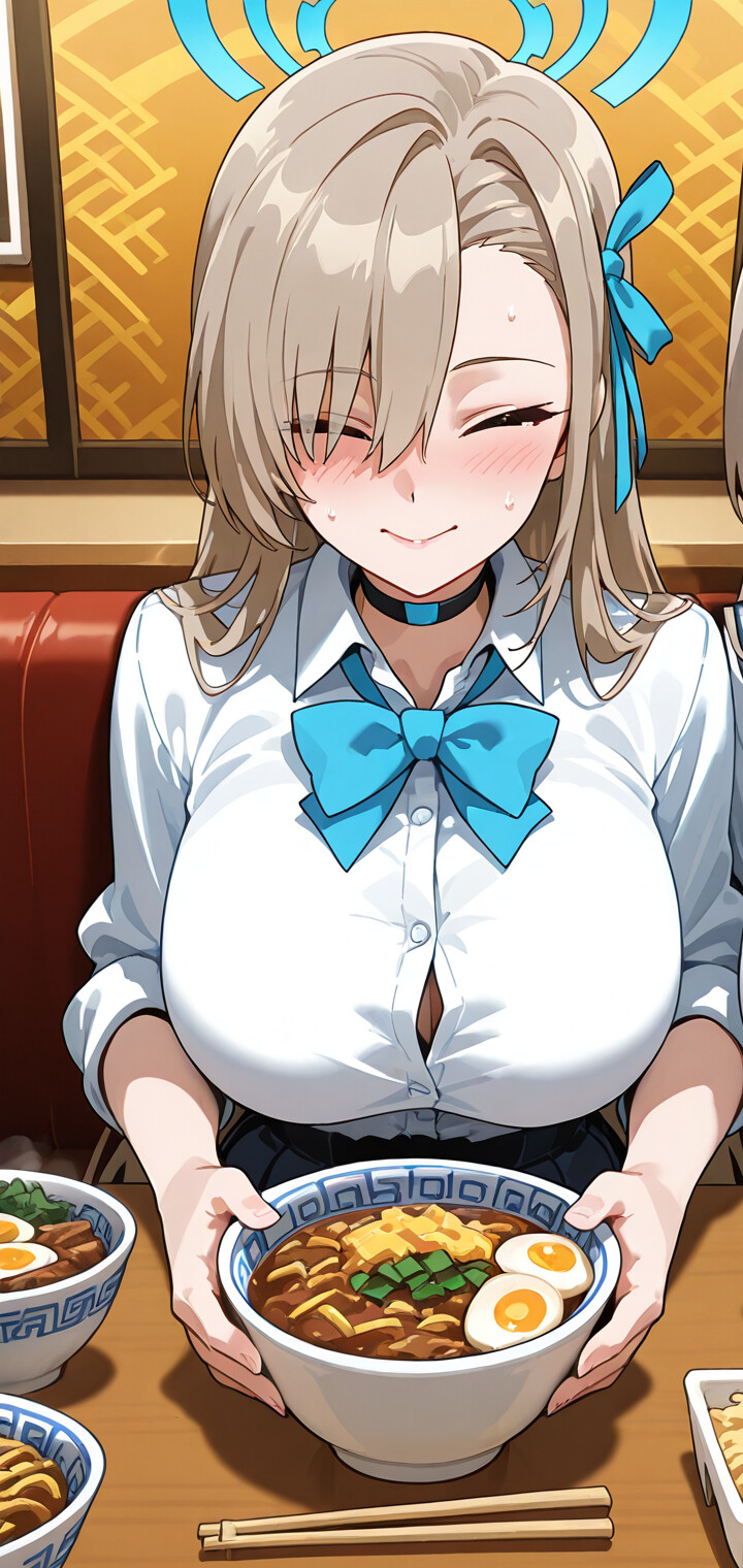 Two anime schoolgirls in a restaurant. Ichinose Asuna from Blue Archive, with ash-blonde hair and a halo, smiles while her brown-haired friend sleeps on her shoulder. Two bowls of ramen are on the table in front of them.