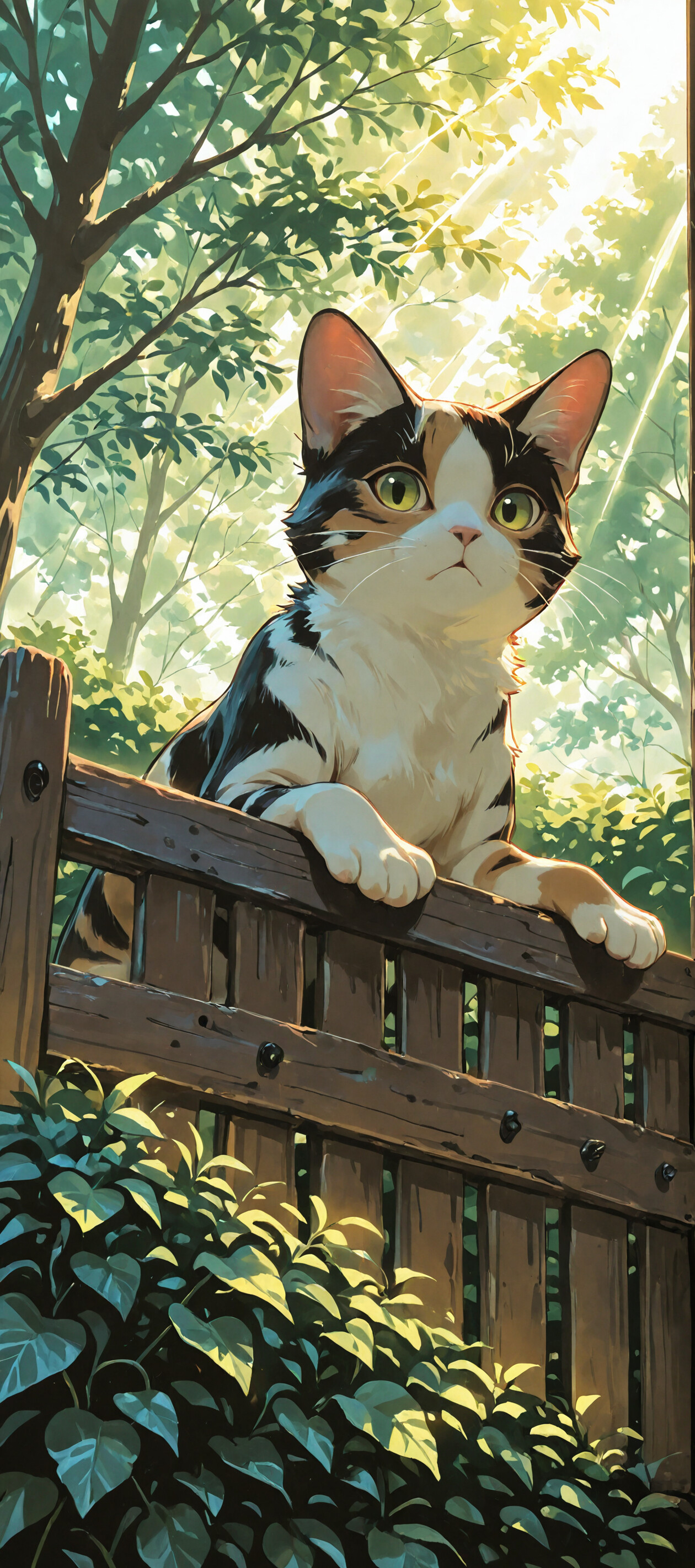 An anime-style illustration of a calico cat with green-yellow eyes leaning over a wooden fence in a sunlit forest. A small black and white kitten peeks out from a hole in a tree in the background.